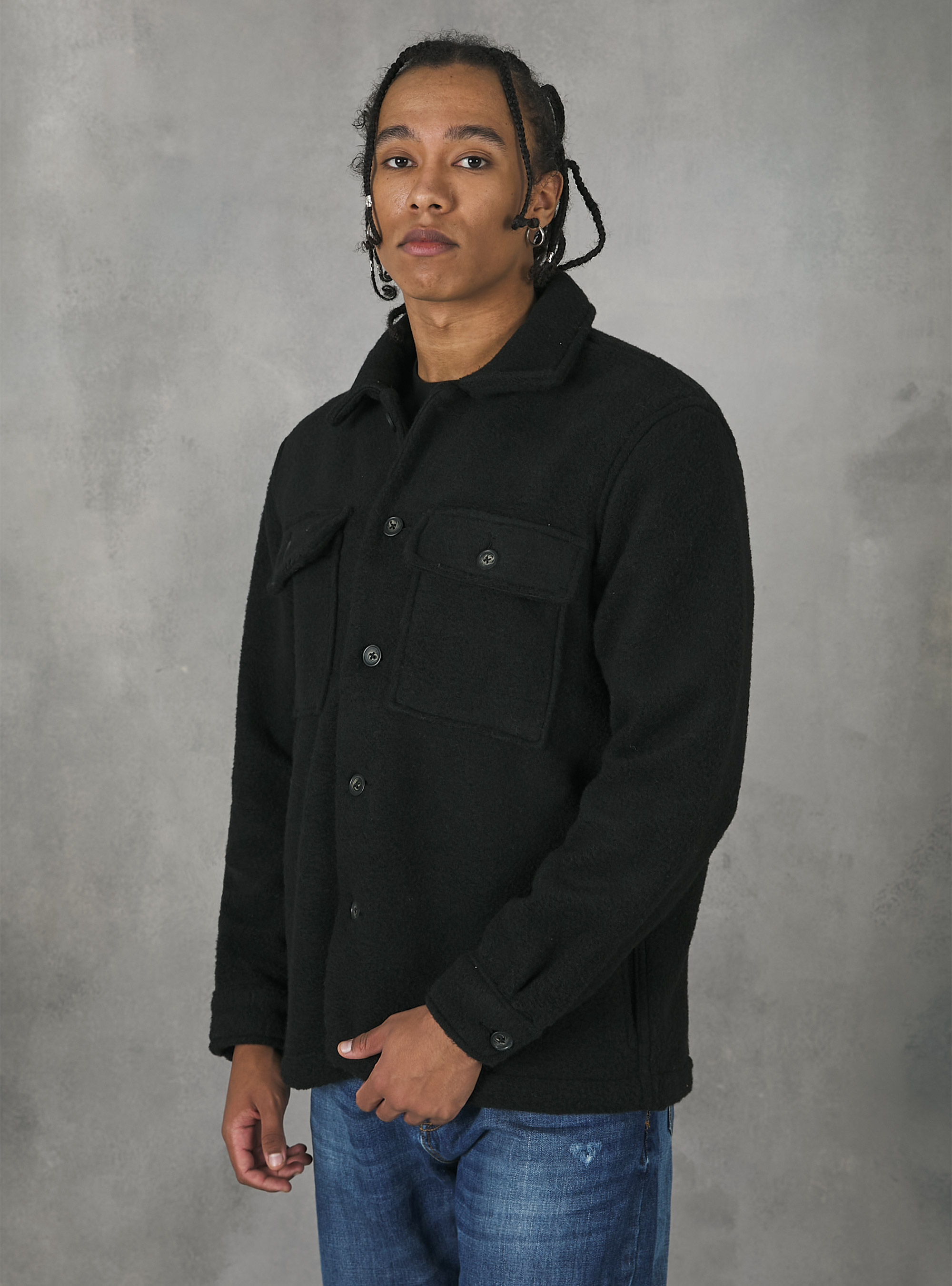 Giacca a camicia basica tinta unita, BK1 BLACK