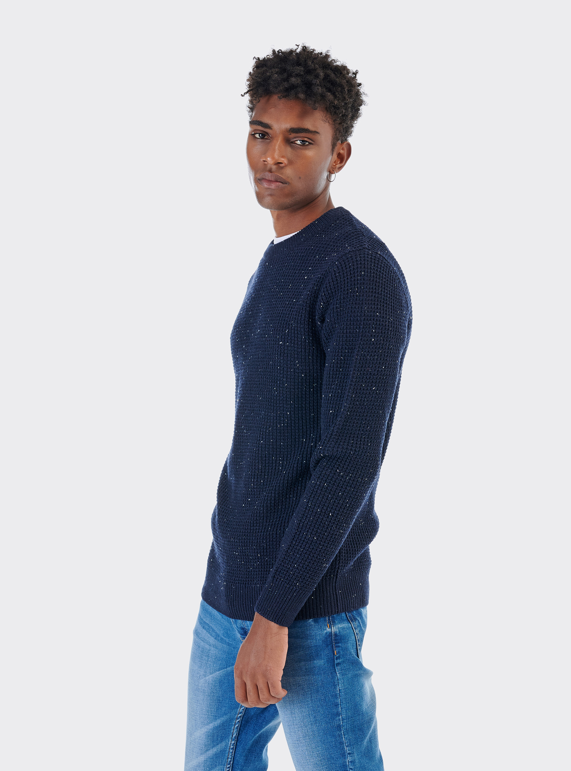 Round neckpullover with naps in wool blend, BLUE NAVY