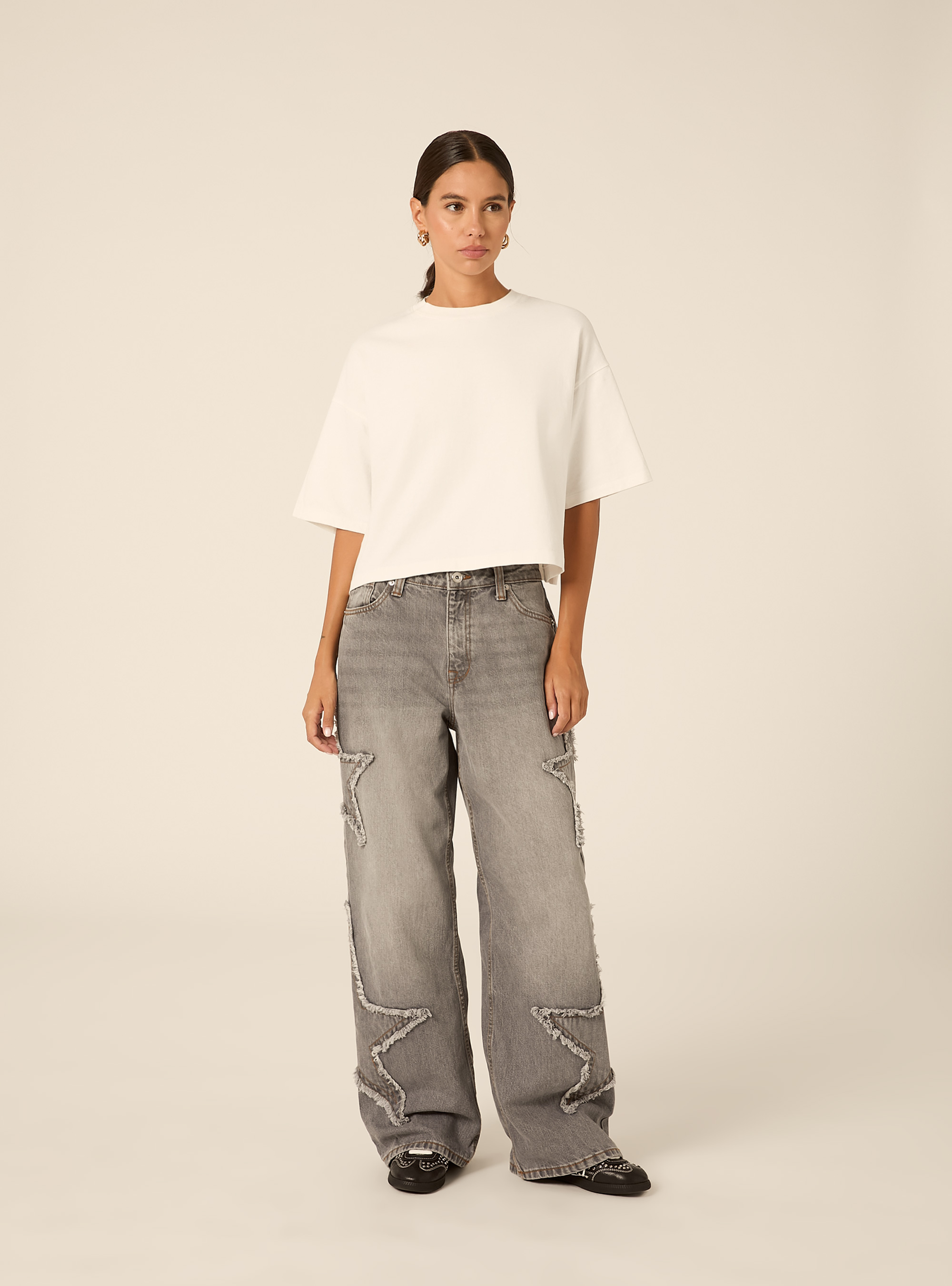 Vaqueros baggy con parches de estrella deshilachados, D00G GREY