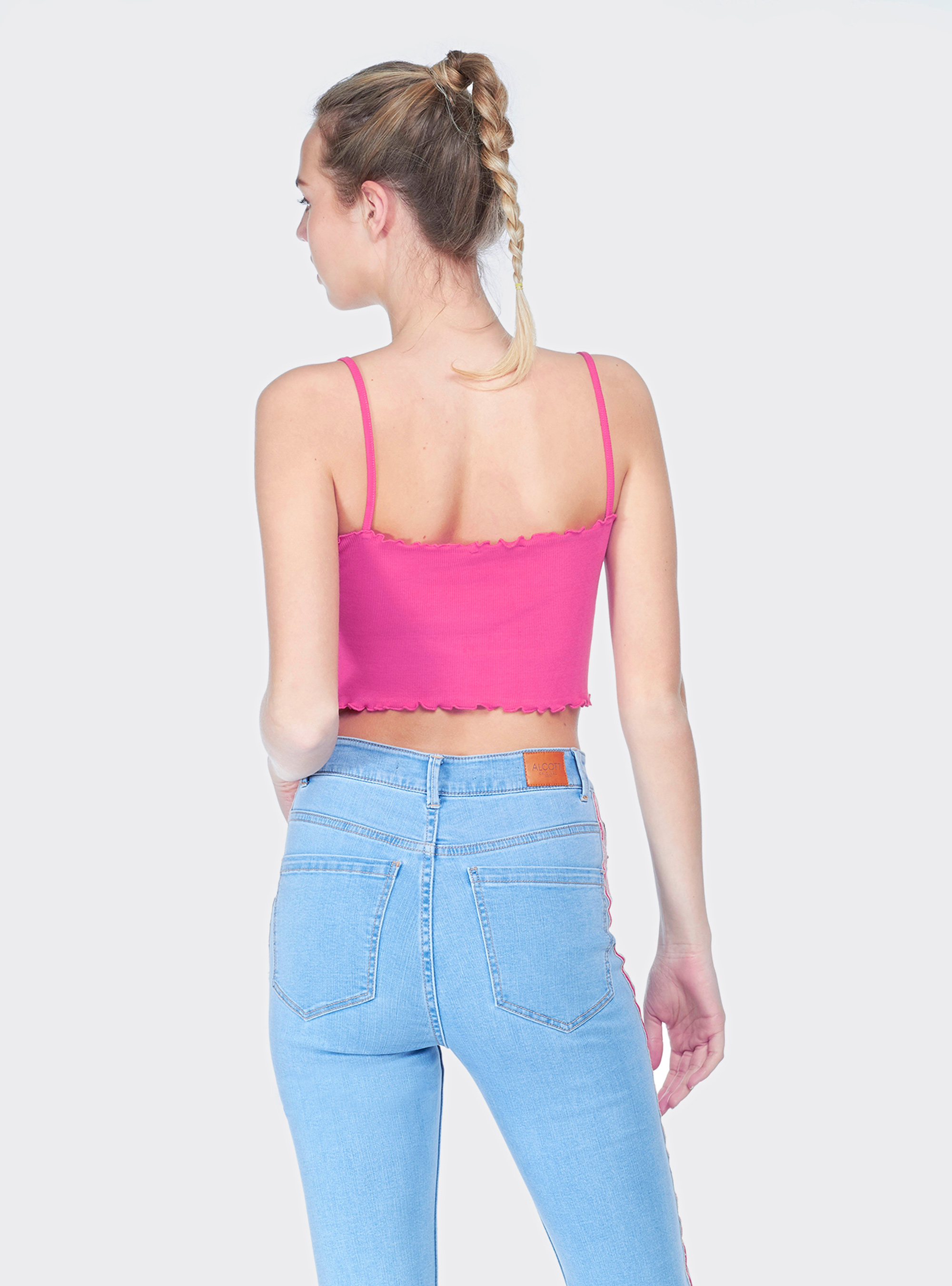 Cropped top a costina in cotone elasticizzato e rouche, C0460 FUXIA