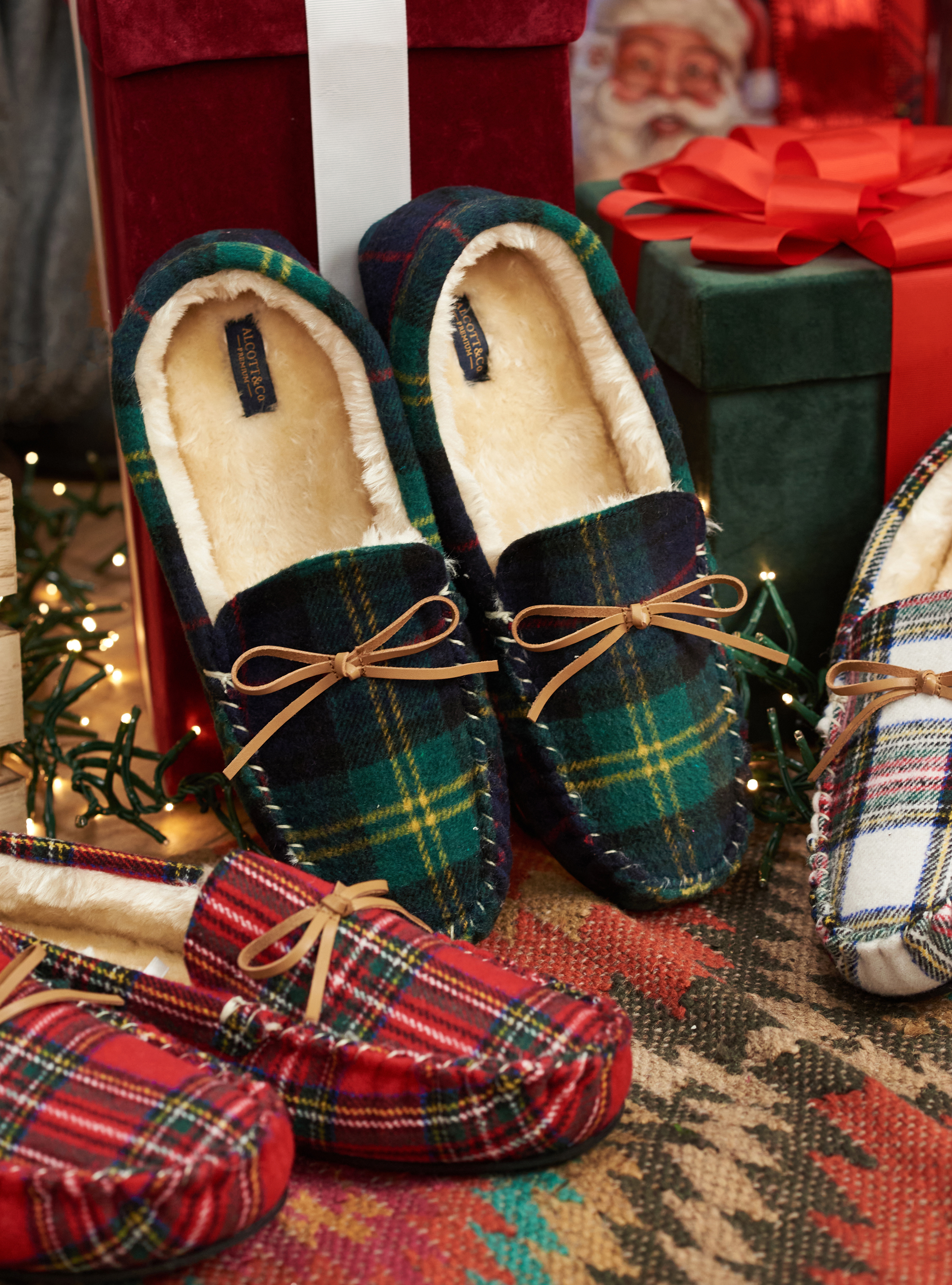 Pantofole mocassino in tartan, CHECK GREEN