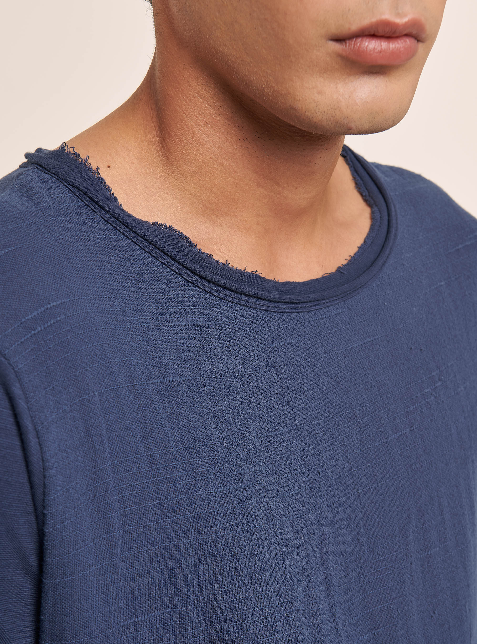 Linen-blend T-shirt in slub fabric, C214 BLUE NAVY