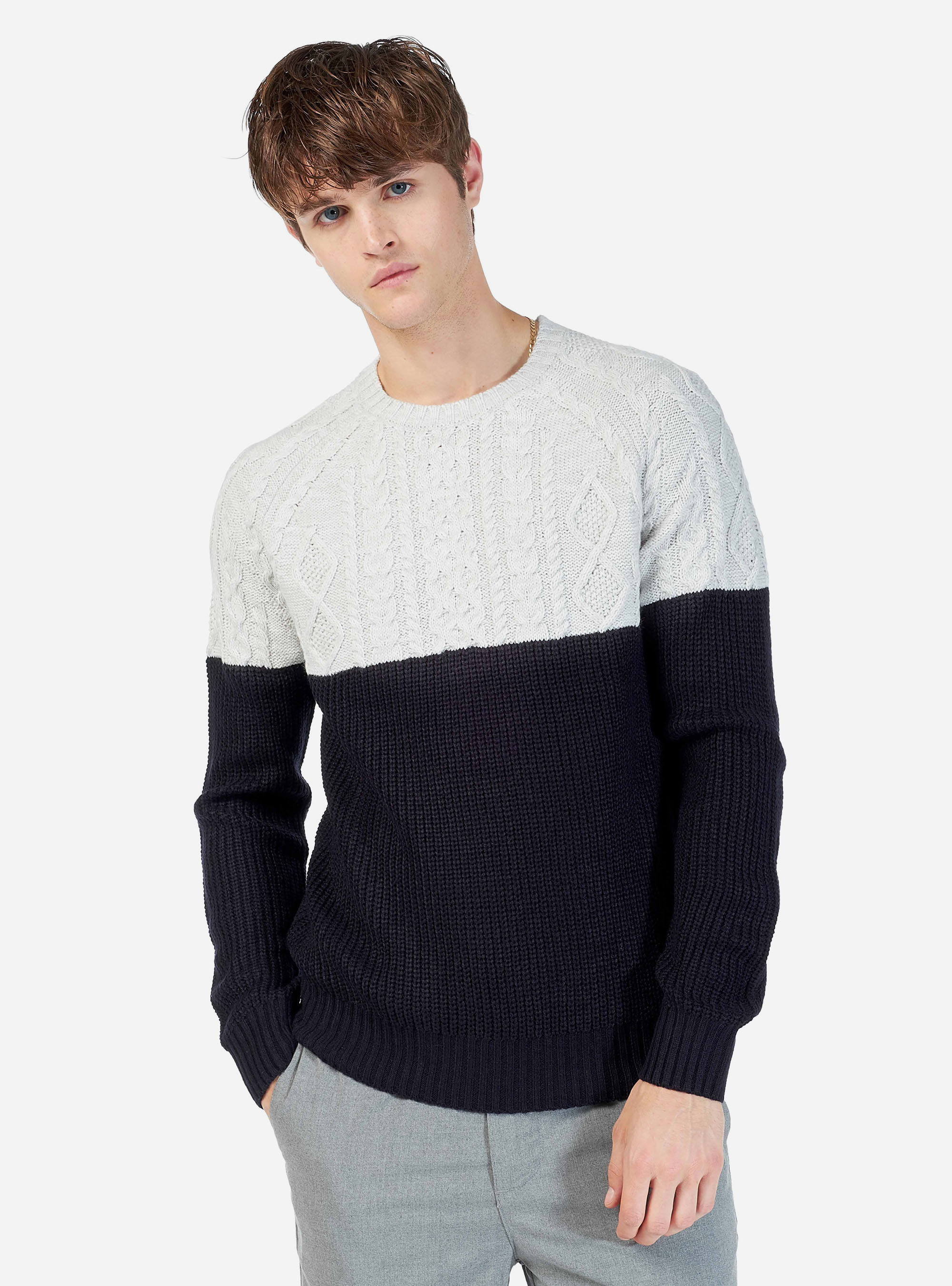 BRAIDED COLOR BLOCK PULLOVER, PEARL