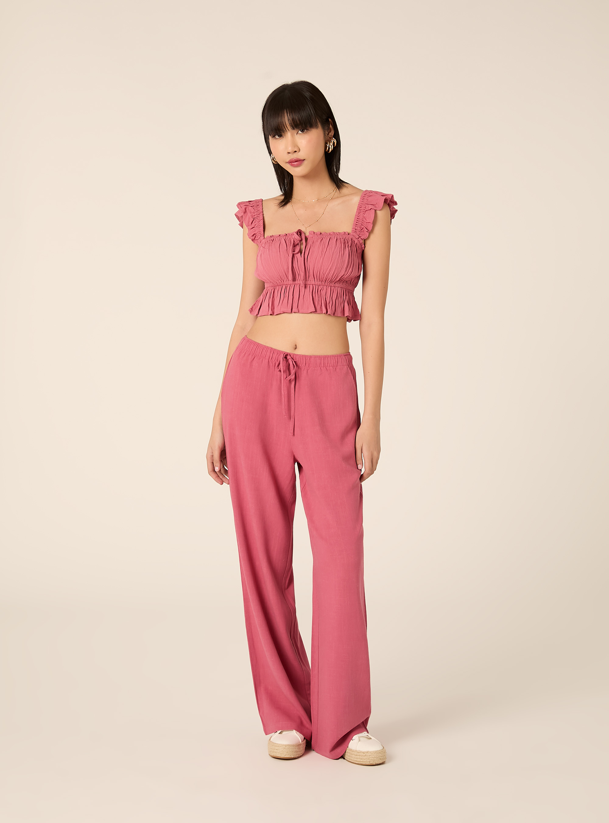 Top in crepe con volant, PK1 PINK DARK