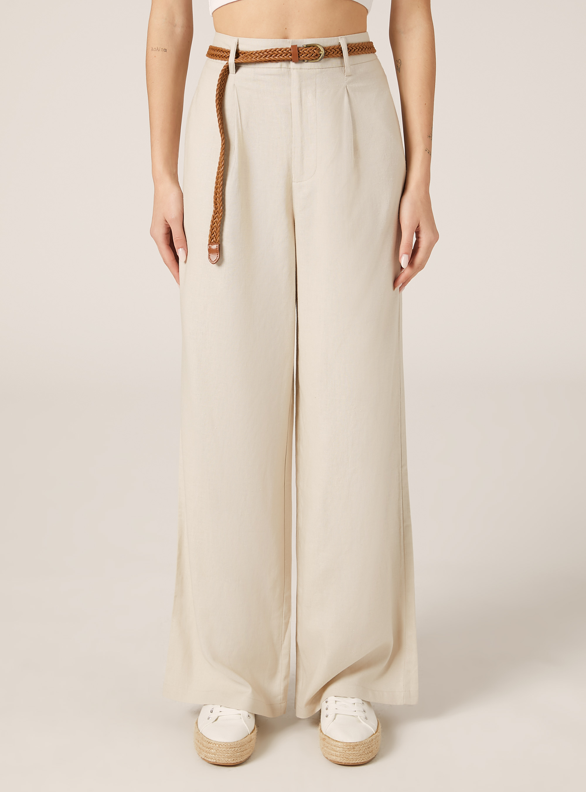 Pantalon en lin m&eacute;lang&eacute; avec ceinture, BG2 BEIGE MEDIUM