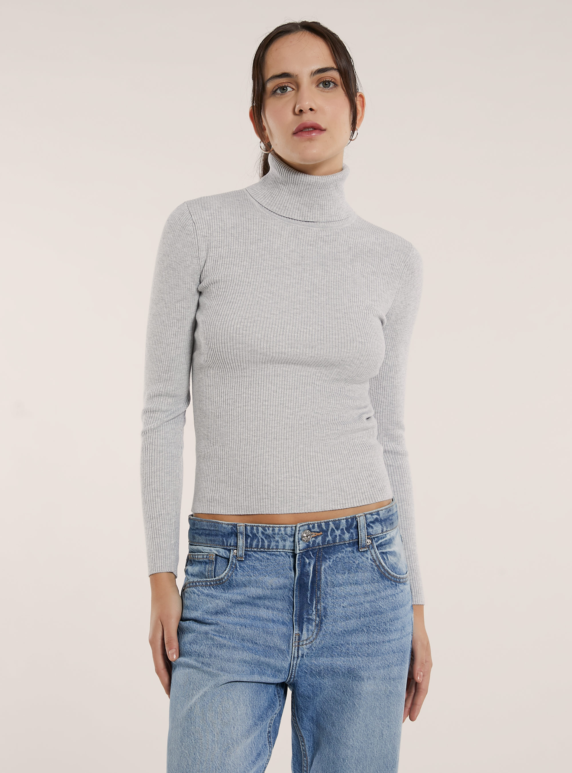 Maglia a collo alto a coste, MGY2 GREY MEL MEDIUM