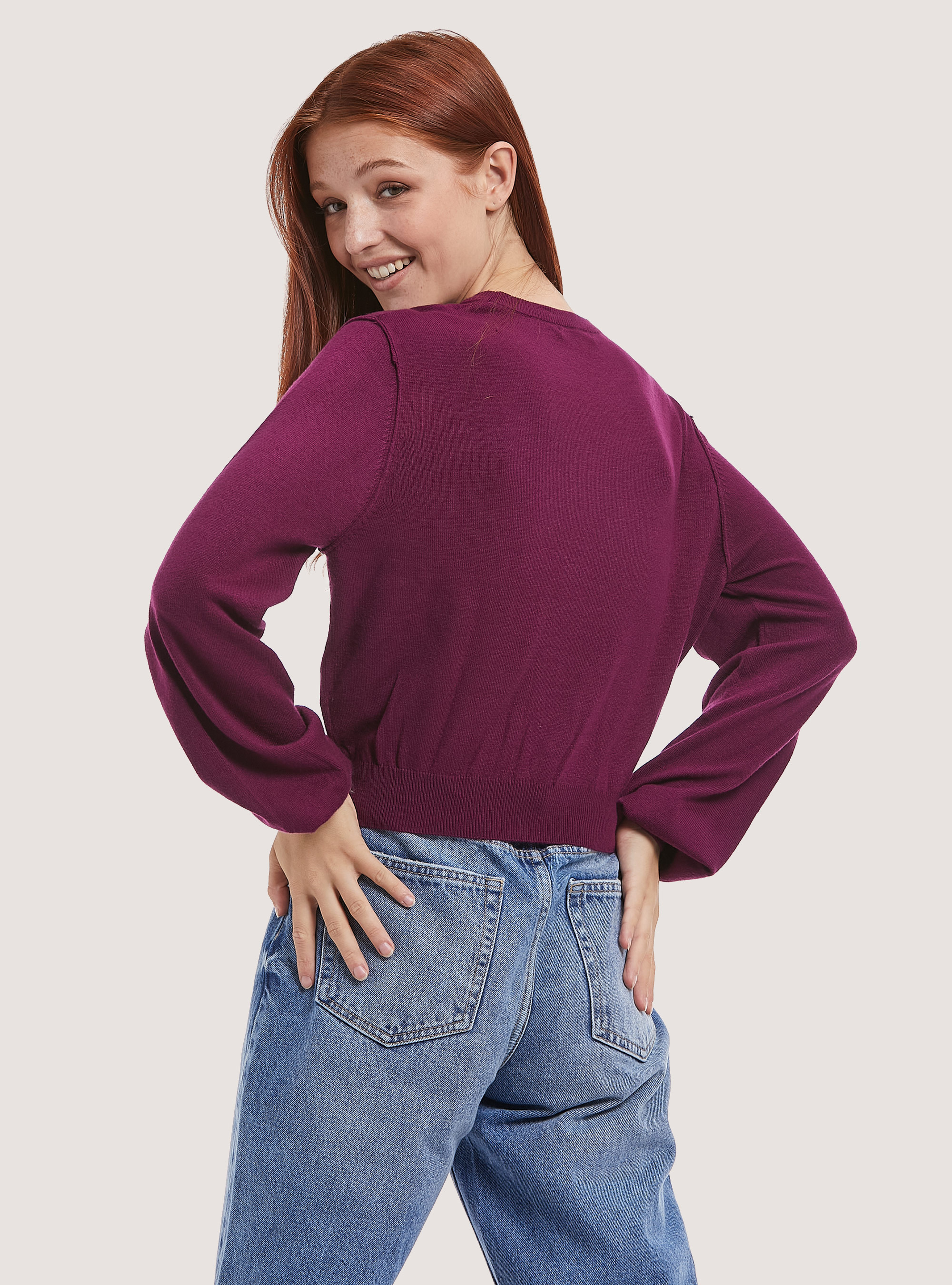 Cropped pullover with puff sleeves, PURPLE