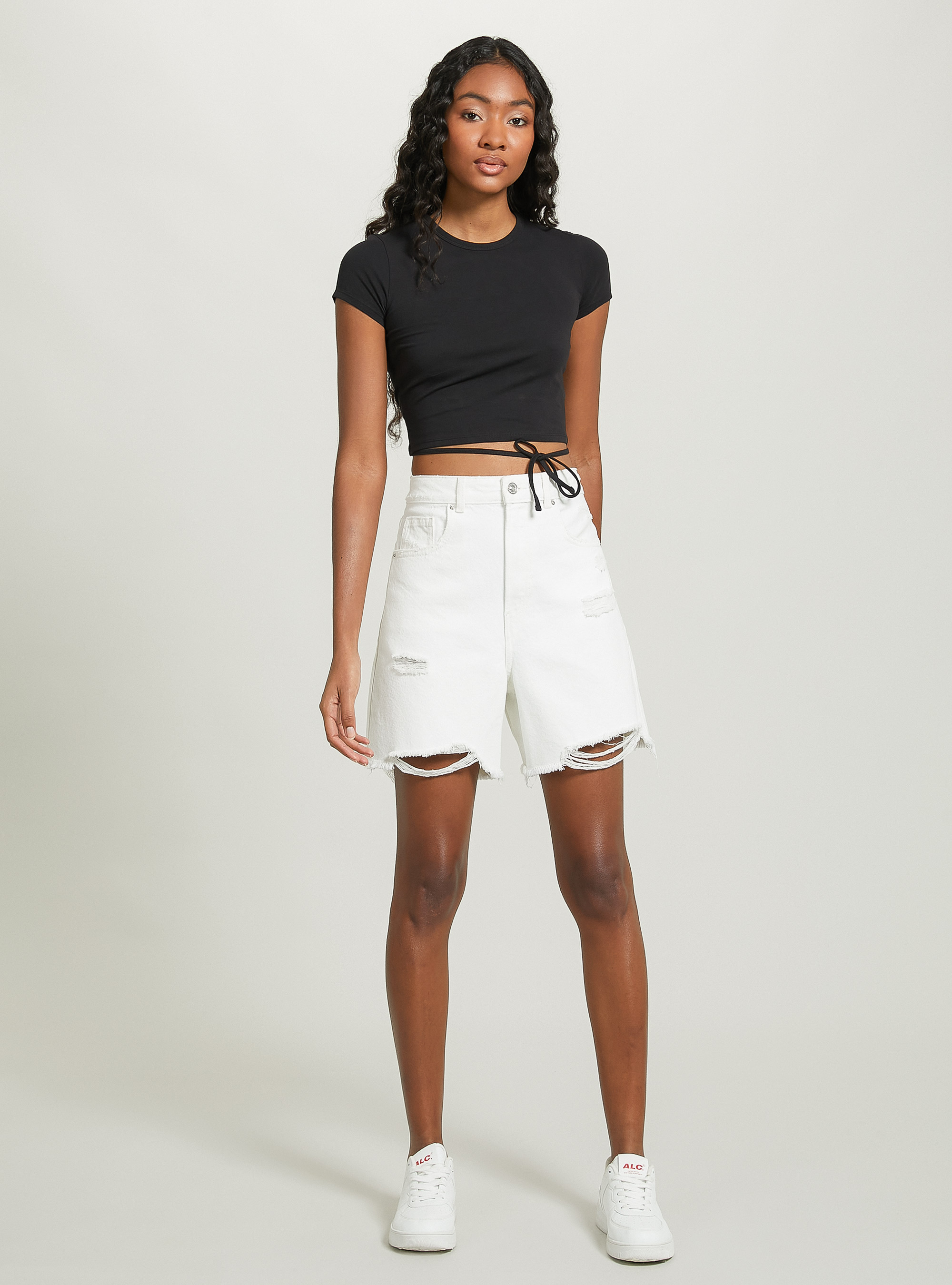 Cropped lace up t-shirt, BK1 BLACK