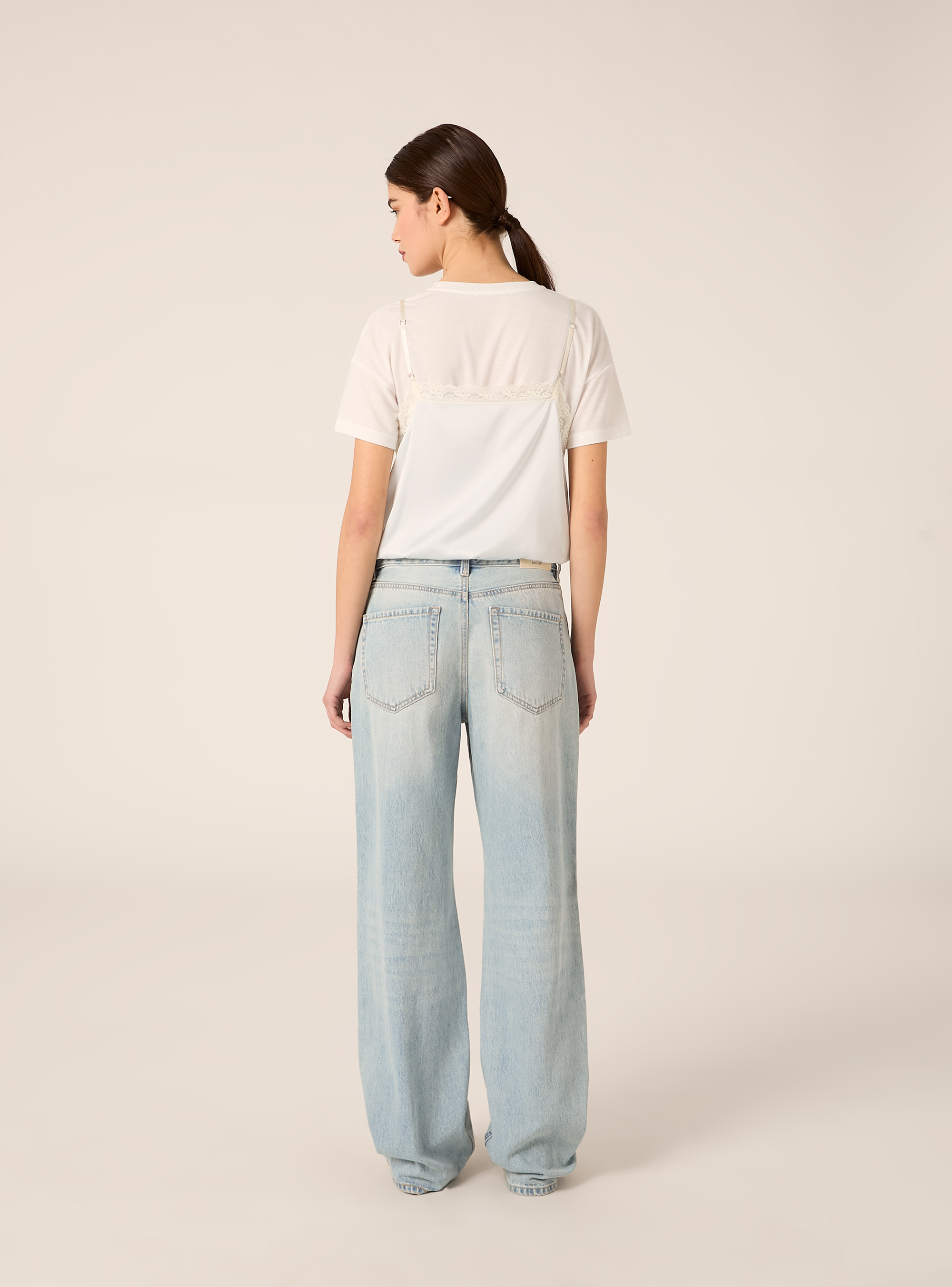 T-shirt combinata con top satin in pizzo, WH1 OFF WHITE