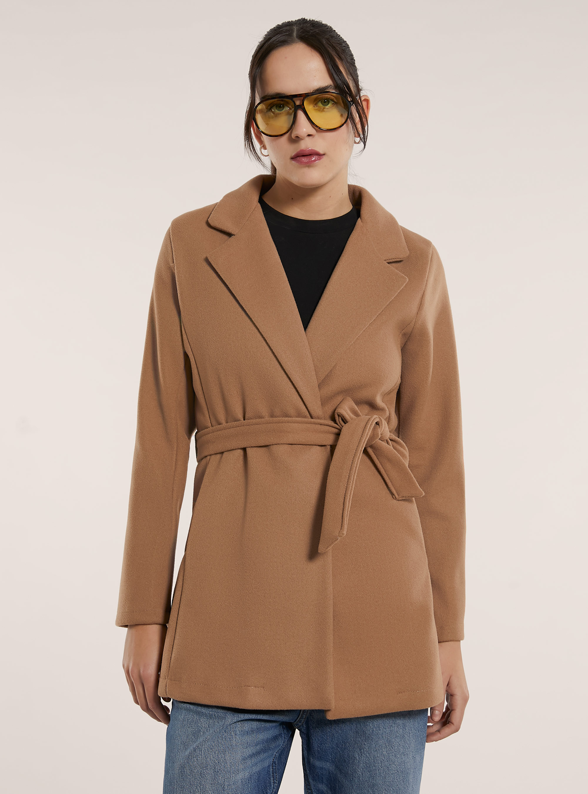 Cappotto in panno con cintura, TB2 TOBACCO MEDIUM
