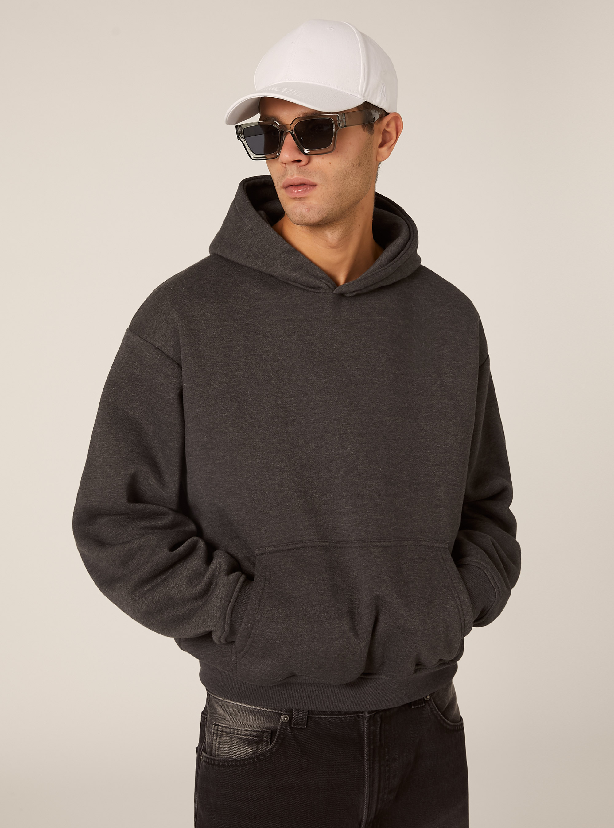 Boxy fit hoodie, MGY1 GREY MEL DARK