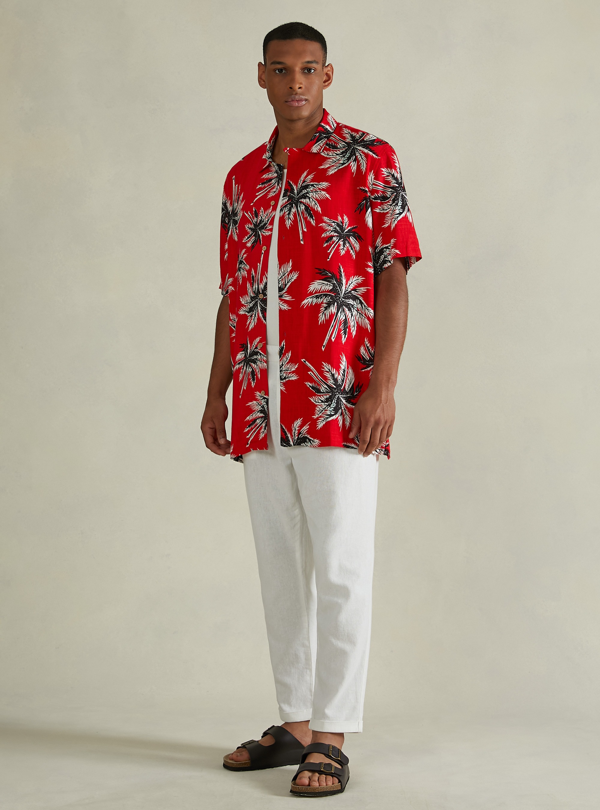 Linen blend shirt with tropical print, RD1 RED DARK