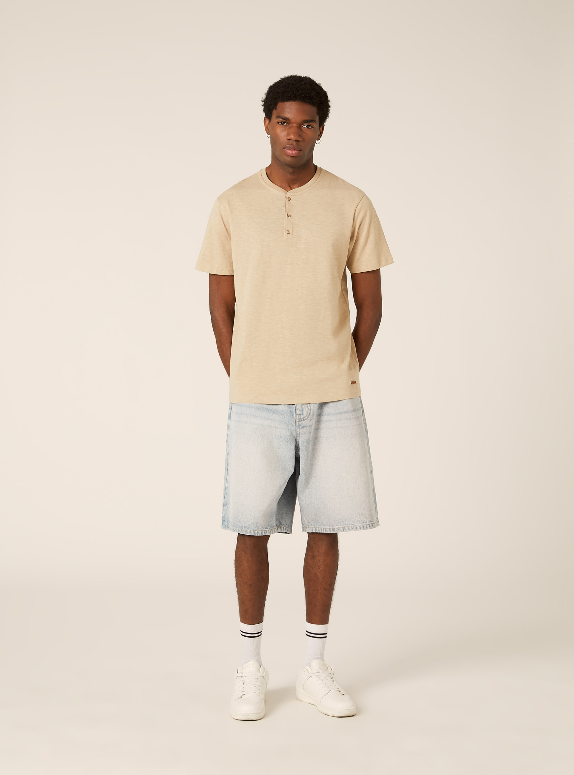 Cotton Henley T-Shirt, BG2 BEIGE MEDIUM
