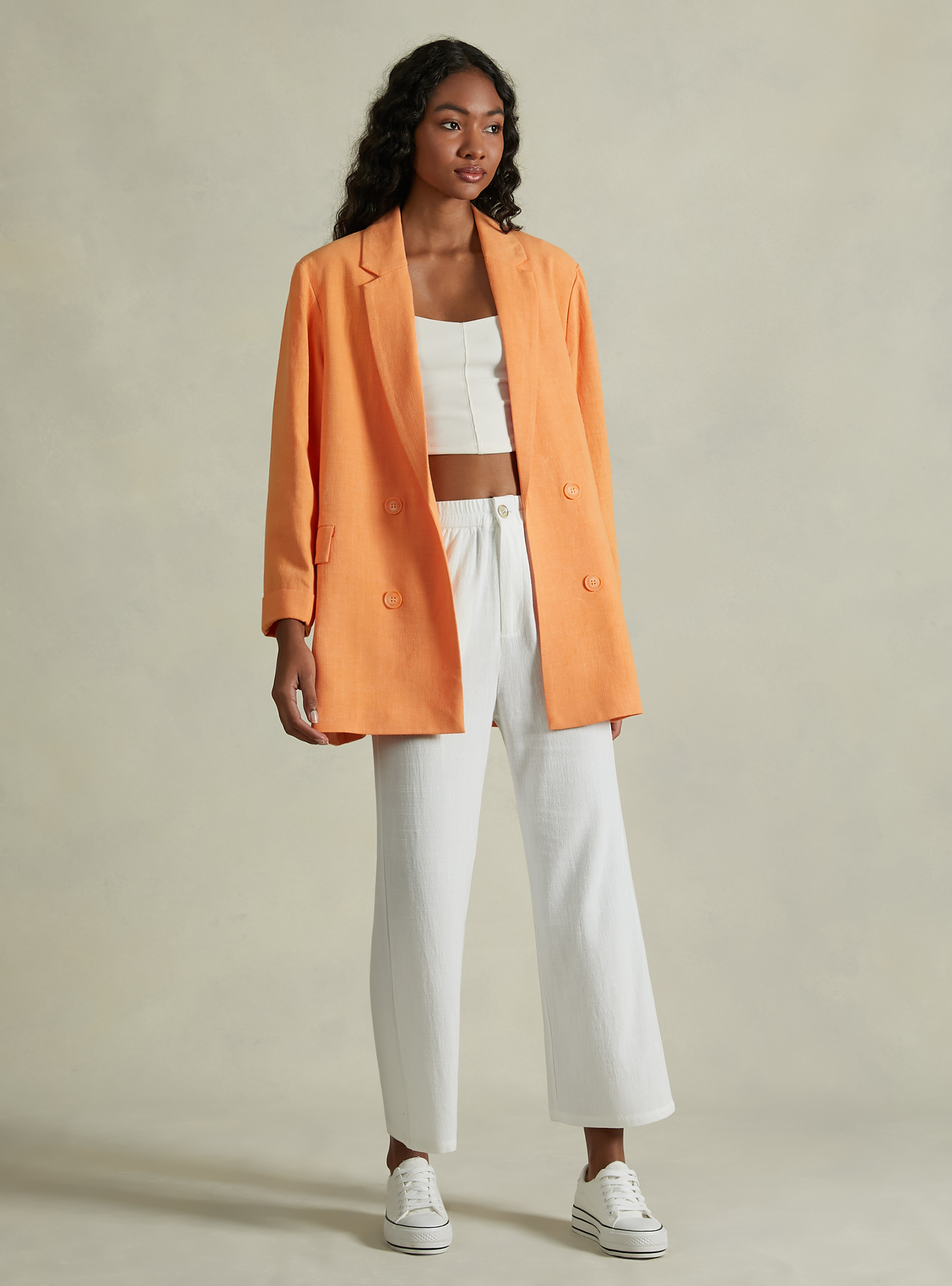 Blazer doppiopetto in misto lino, OR2 ORANGE MED.