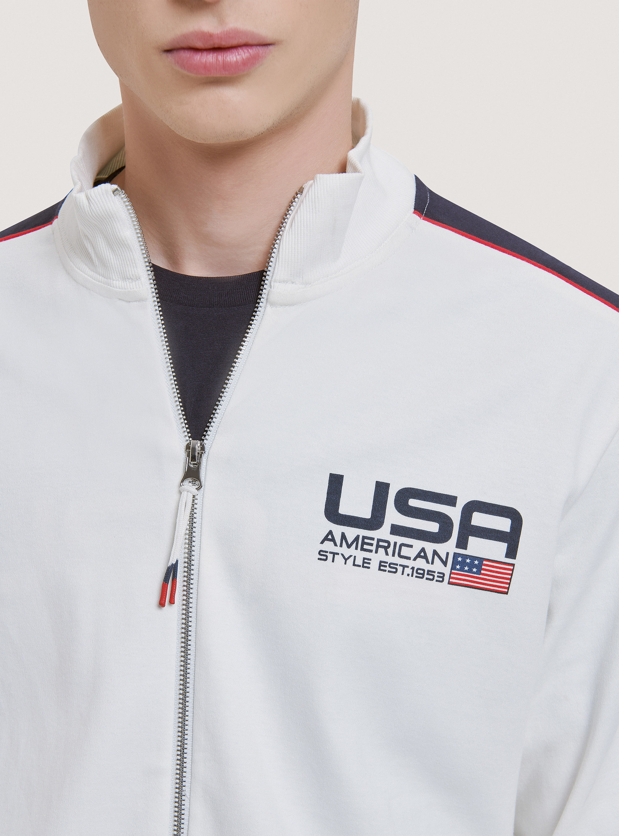 Sudadera con cremallera y estampado de algodón USA, C0020 OFF WHITE