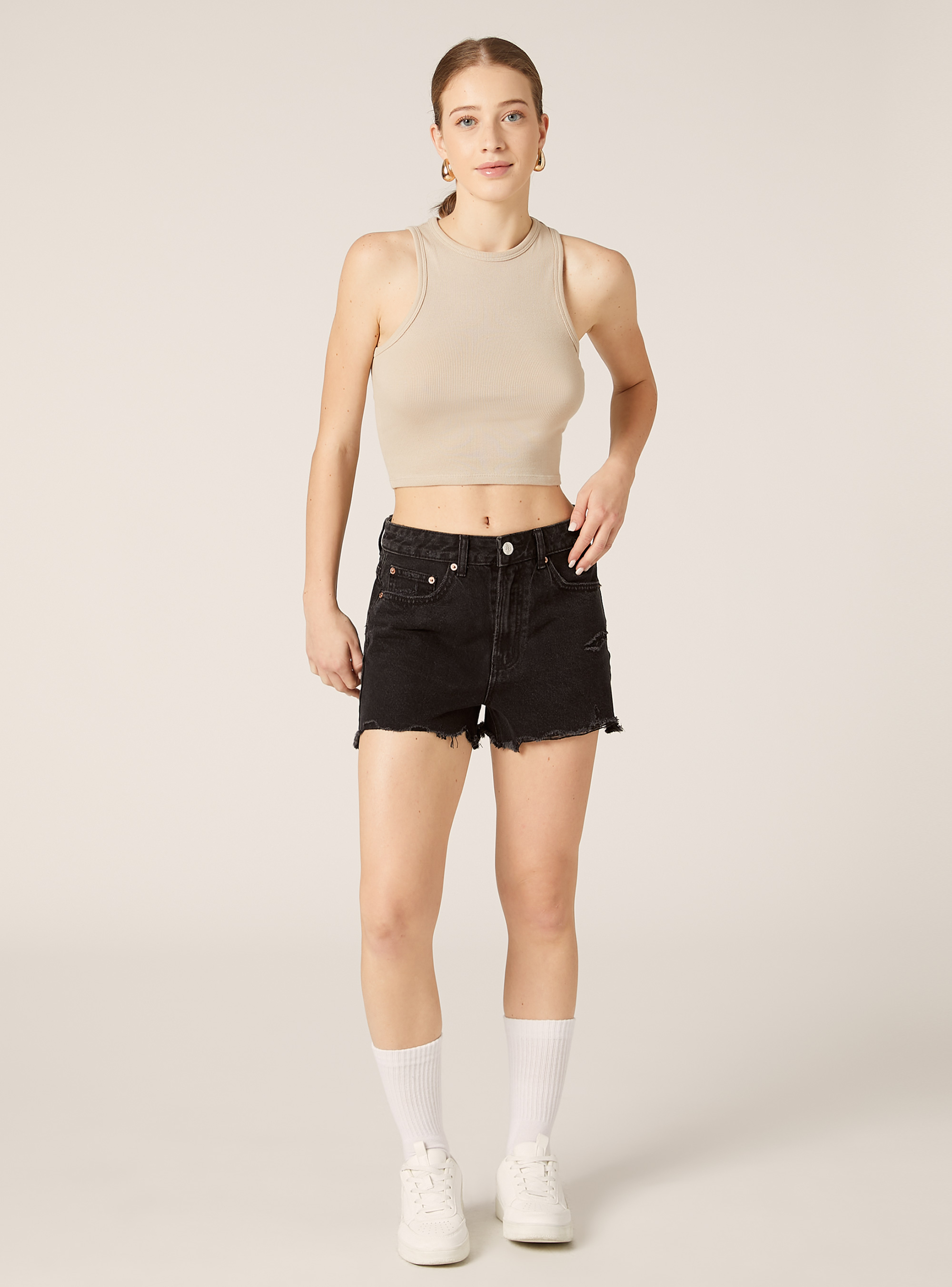 High-waisted denim shorts, D000 BLACK