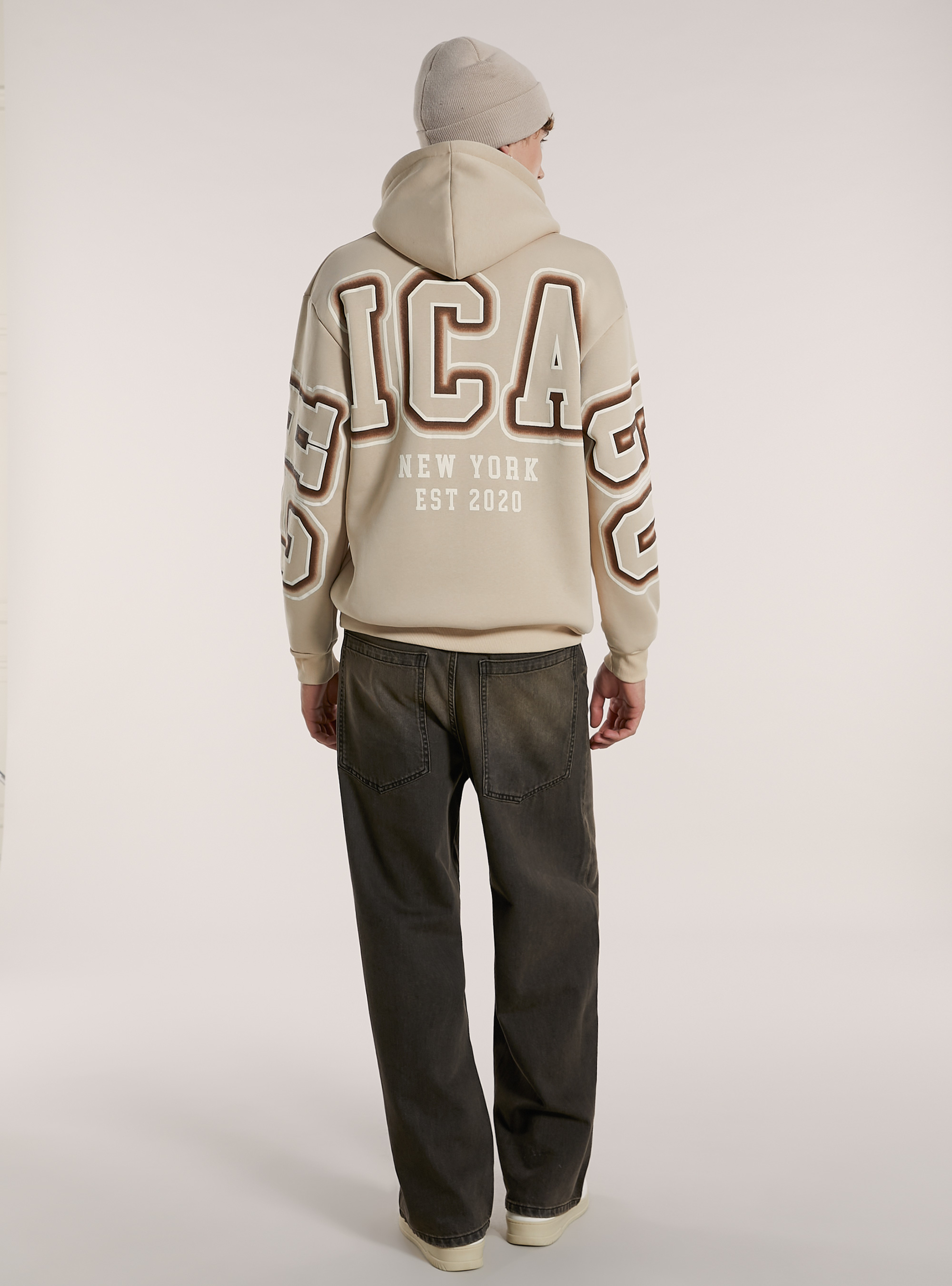 Felpa con cappuccio e stampa chicago, BG3 BEIGE LIGHT