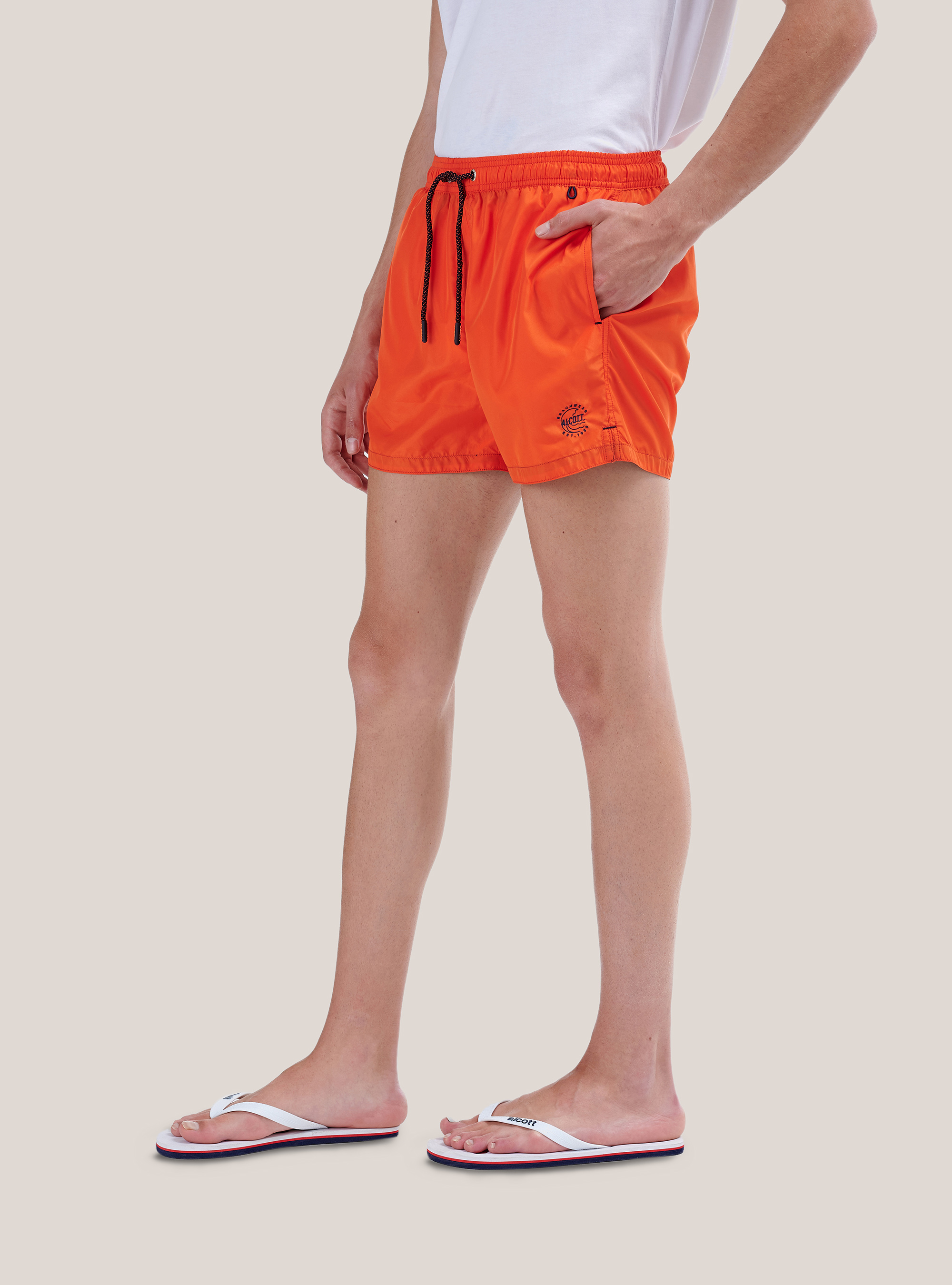 Color solid swimsuit with front embroidery and back pocket., C3394 ORANGE