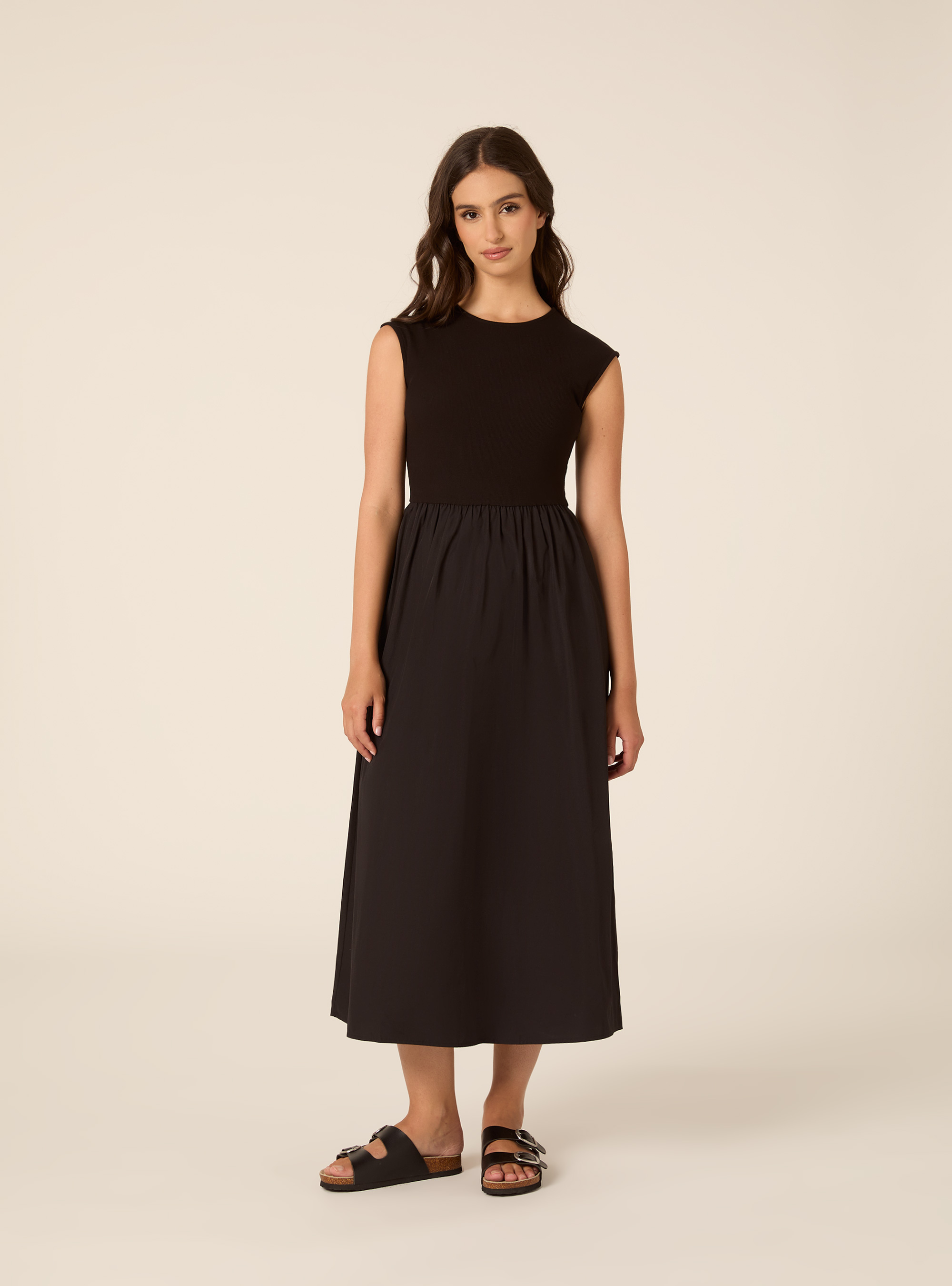 Robe Midi Bi-Mati&egrave;re Sans Manches &agrave; Rayures, BK1 BLACK