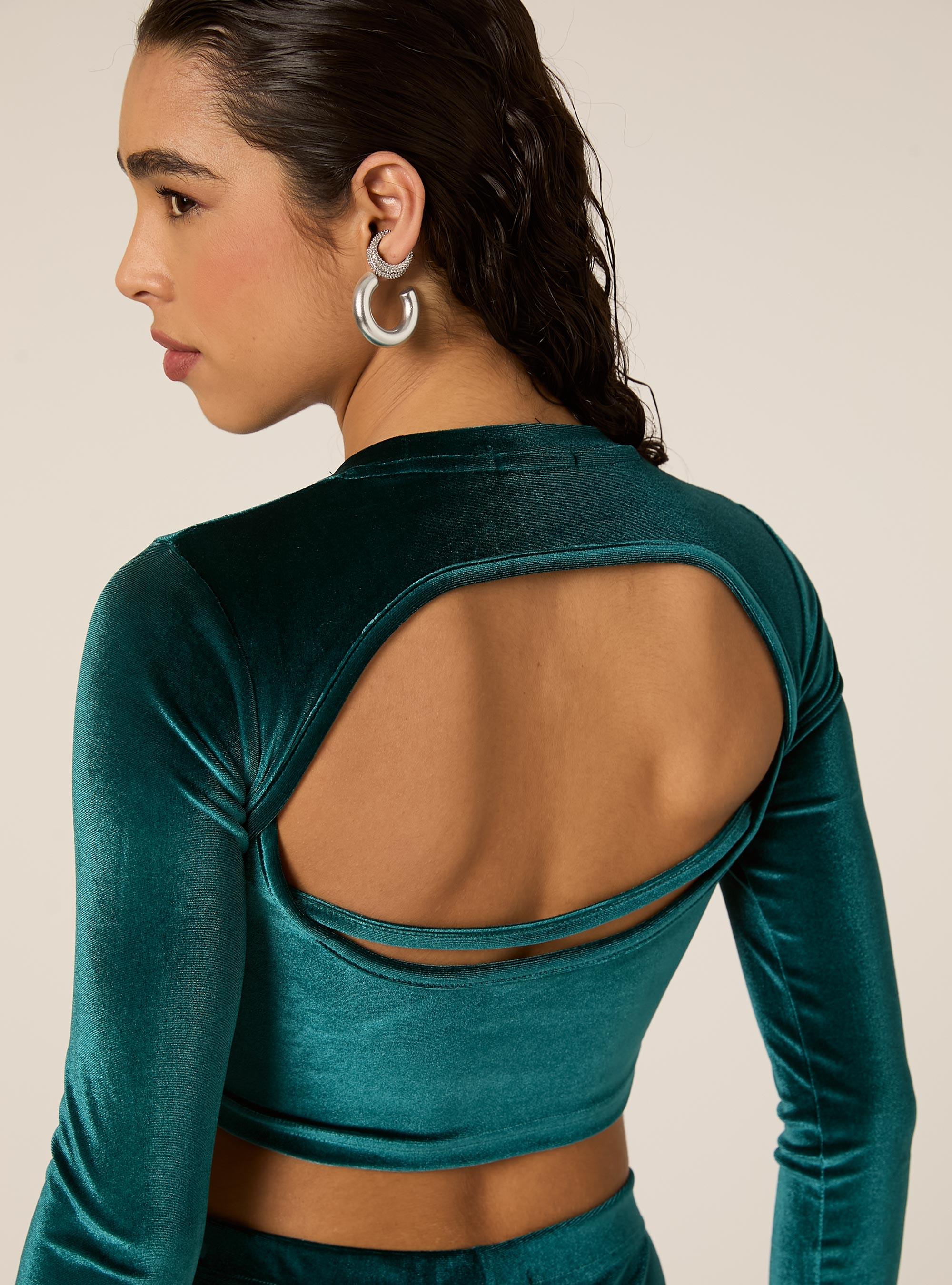 Maglia cropped in velluto con schiena scoperta, GN1 GREEN DARK