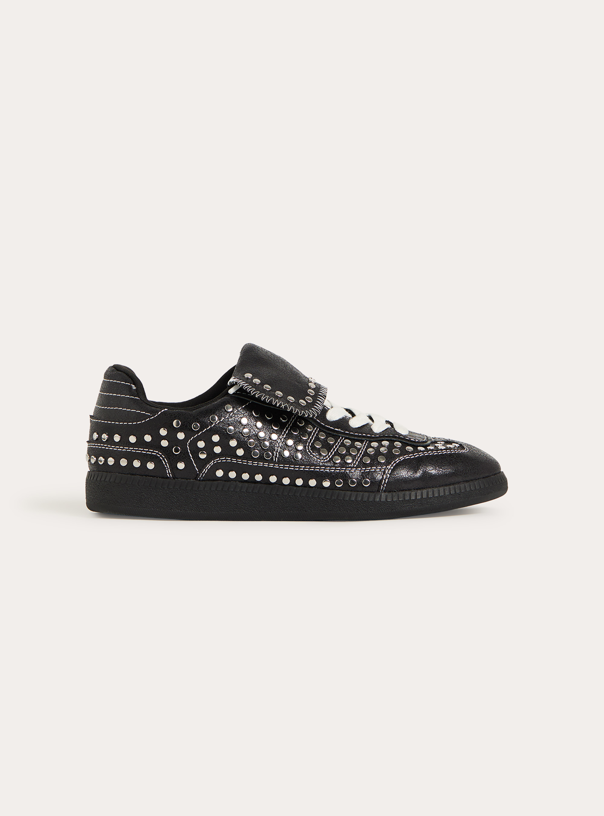 Studded leather look sneakers with fold over tongue, BK1 BLACK