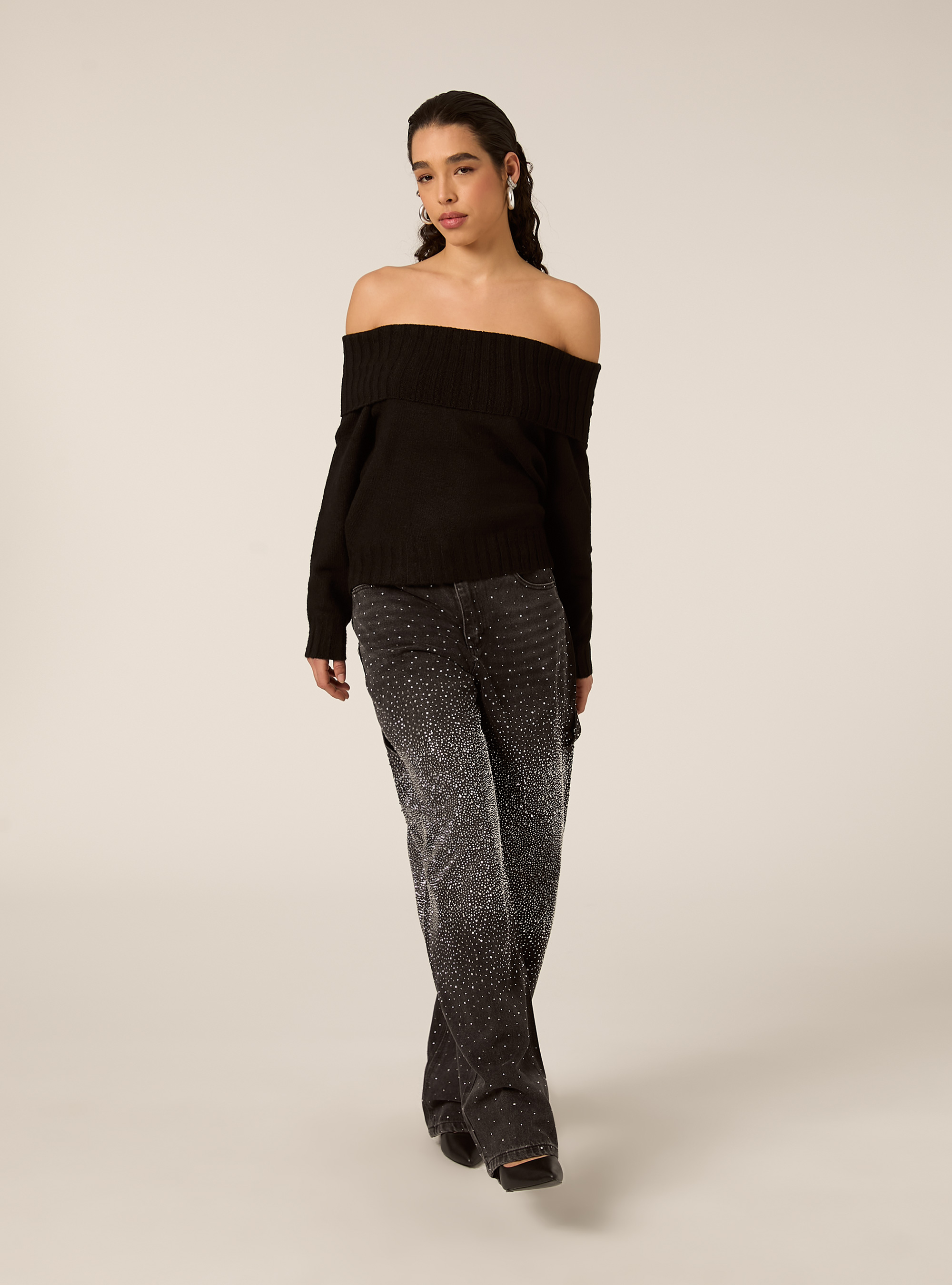 Maglia con spalle scoperte bardot, BK1 BLACK