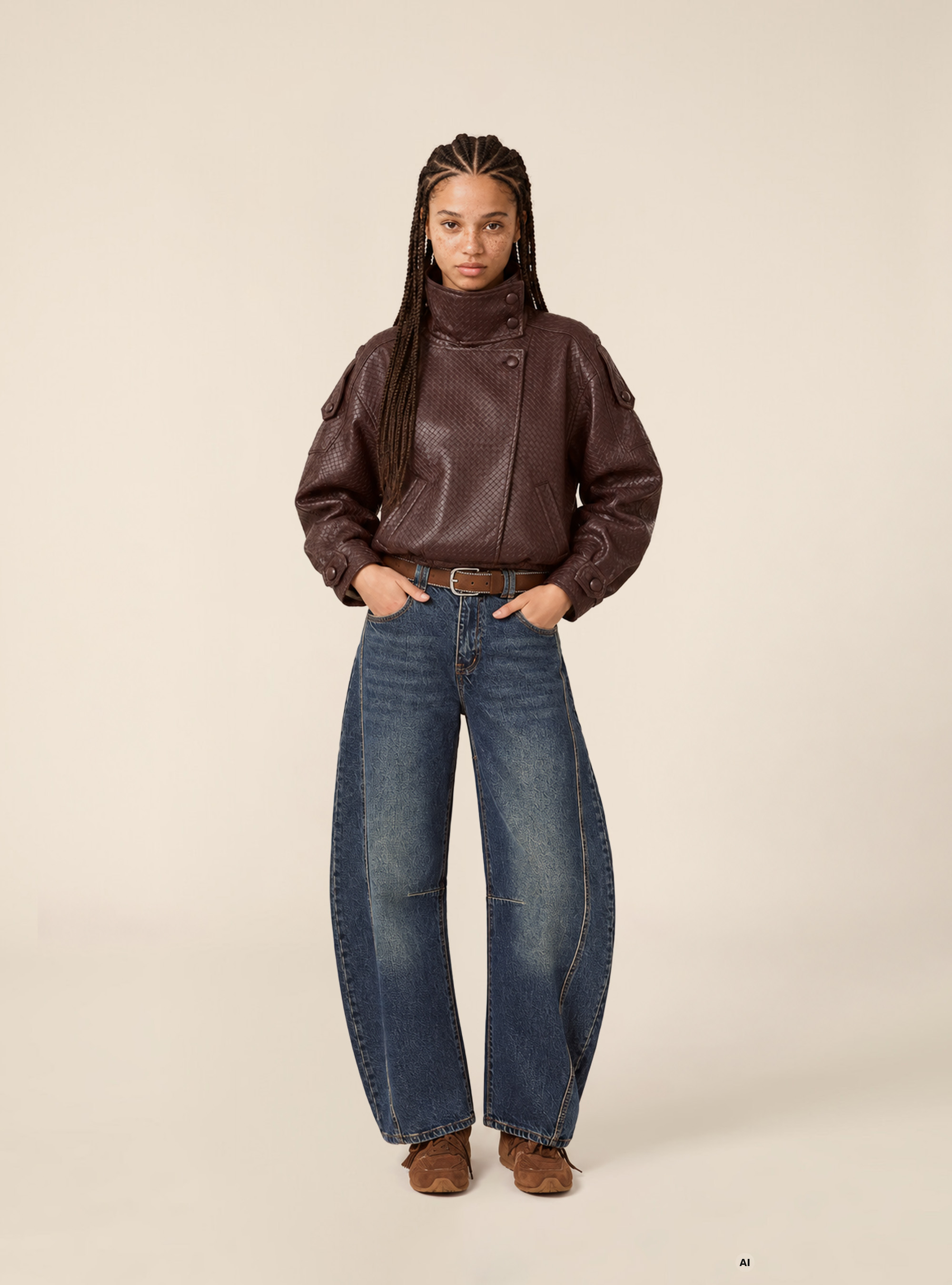 Blouson bomber effet cuir tress&eacute;, BR1 BROWN DARK