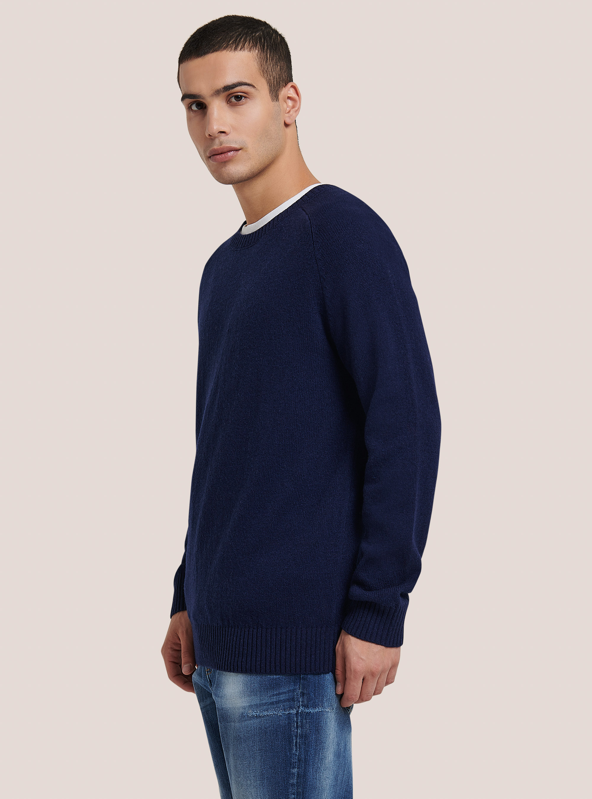 Pullover girocollo in misto lana, BLU MARINO