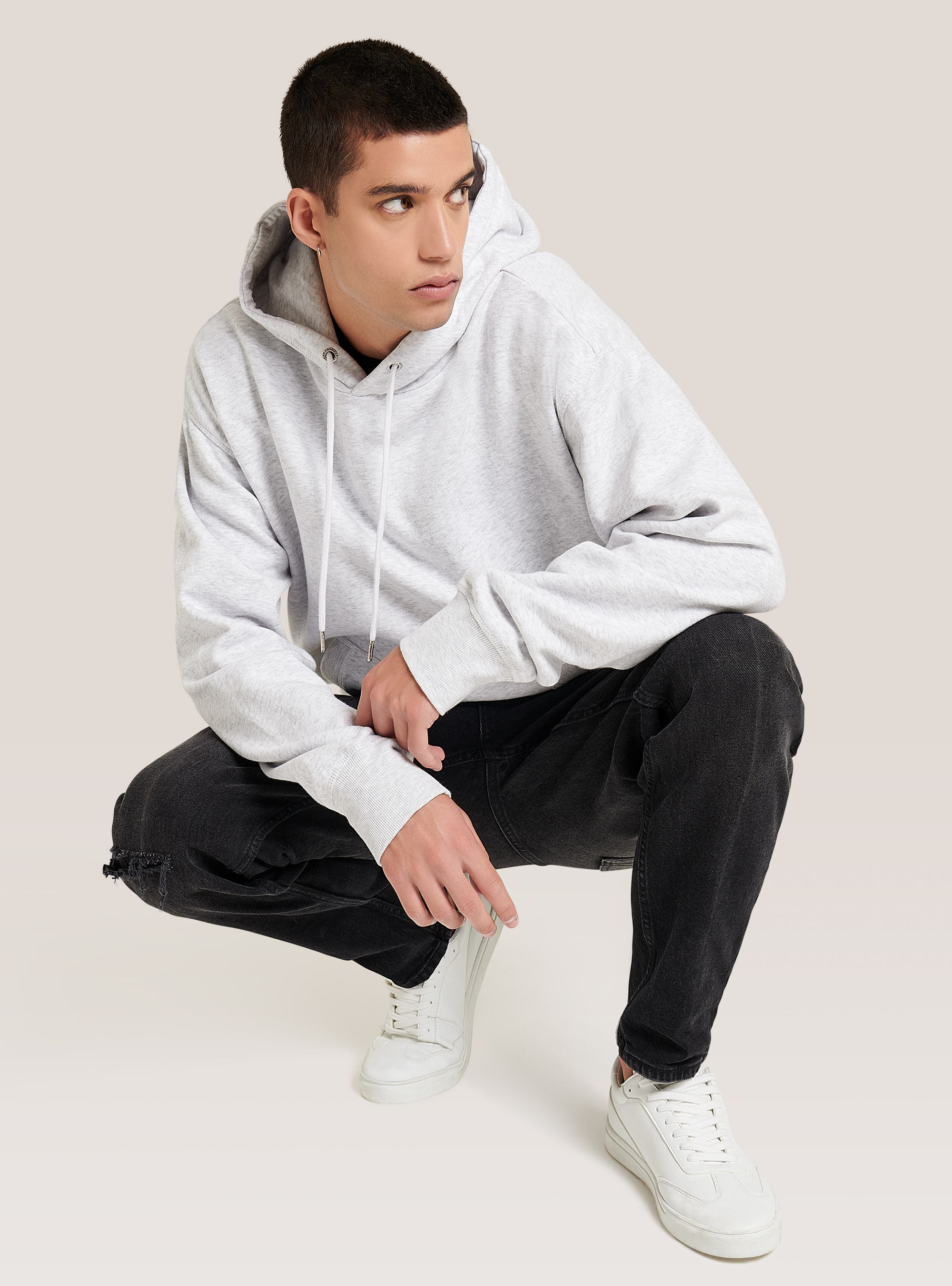 Sweat-shirt basique à capuche avec poche kangourou, C140 WHITE M