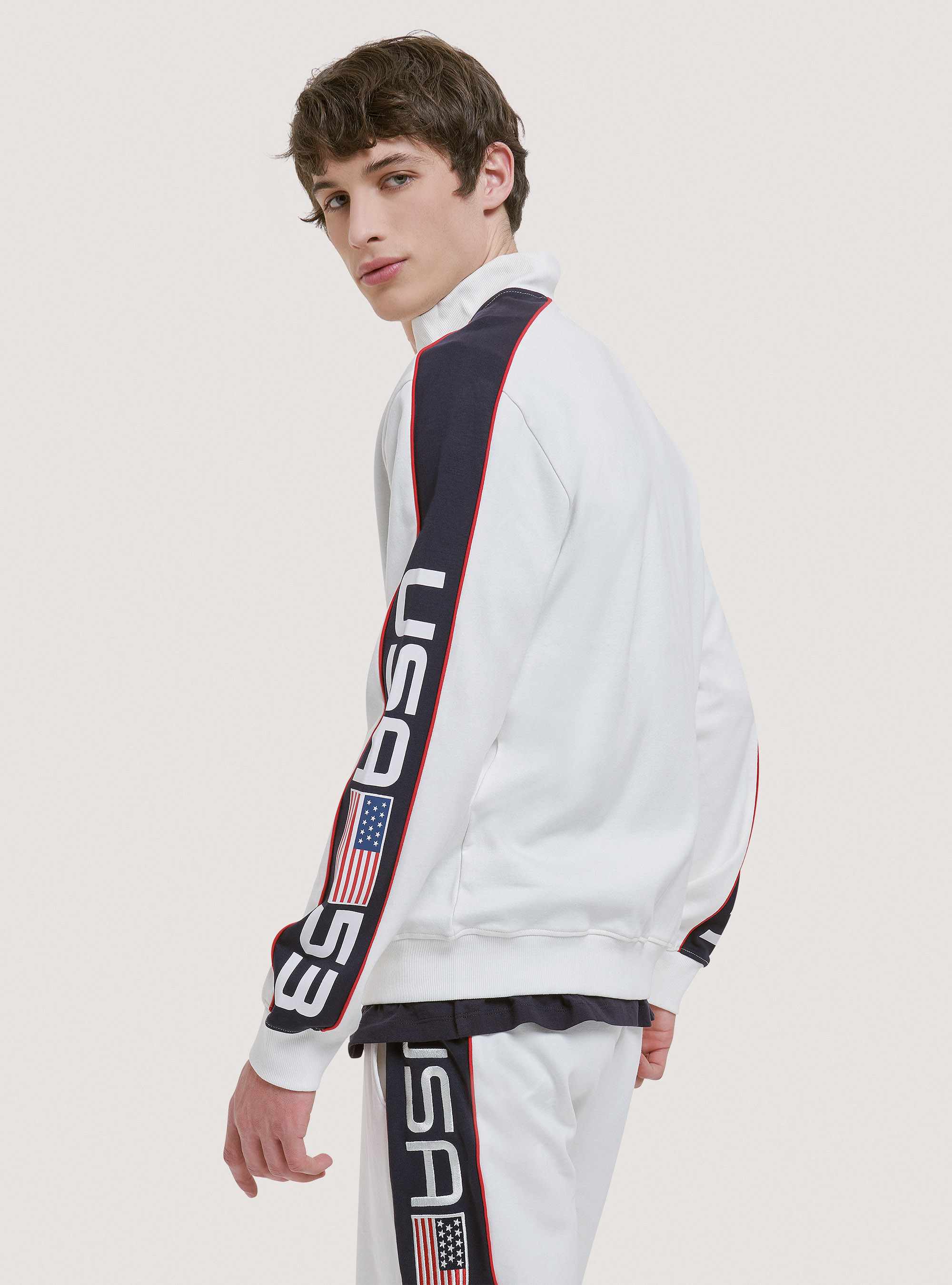 Sudadera con cremallera y estampado de algodón USA, C0020 OFF WHITE