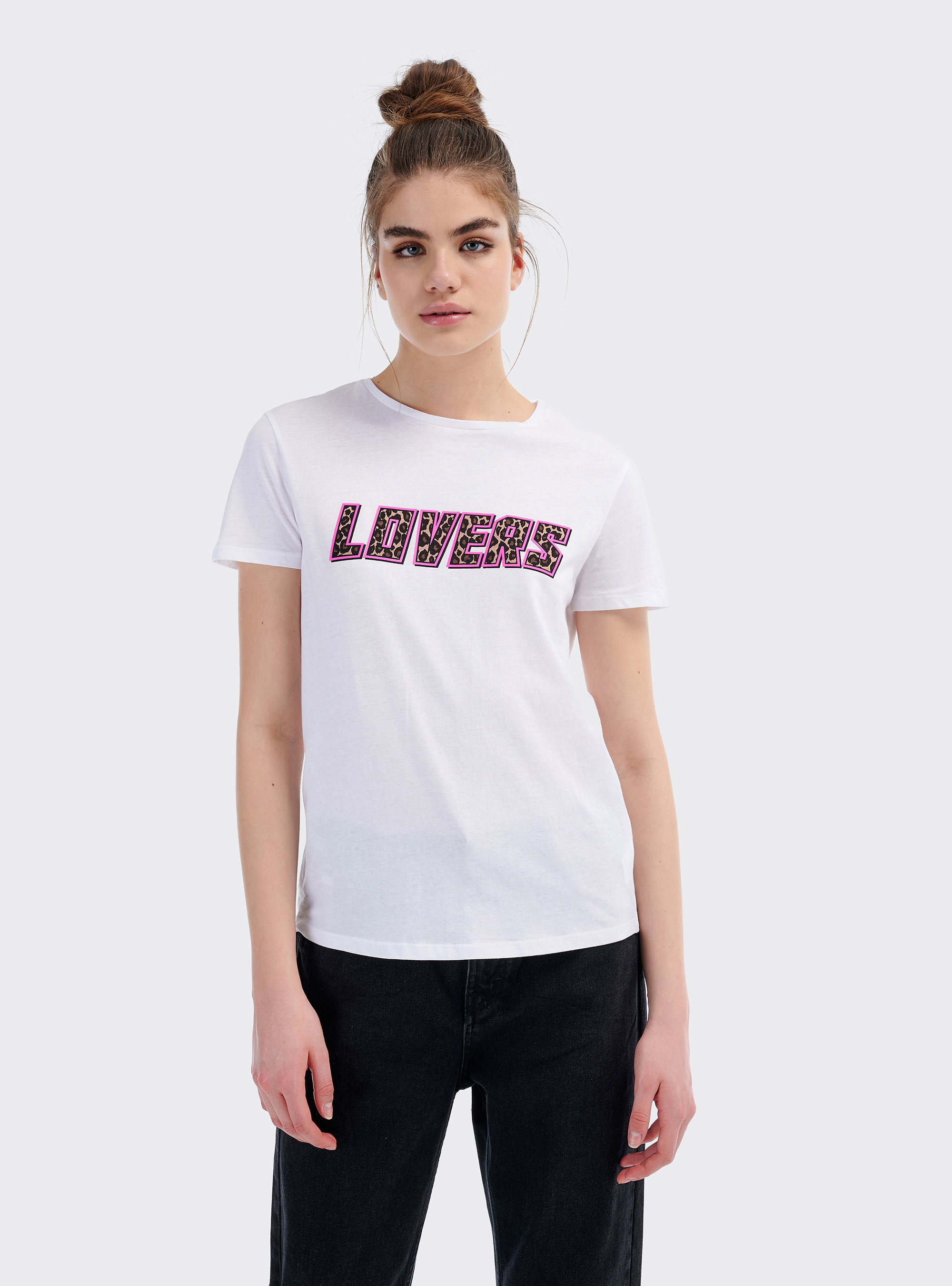 Maglietta con stampa lettering animalier, BIANCO