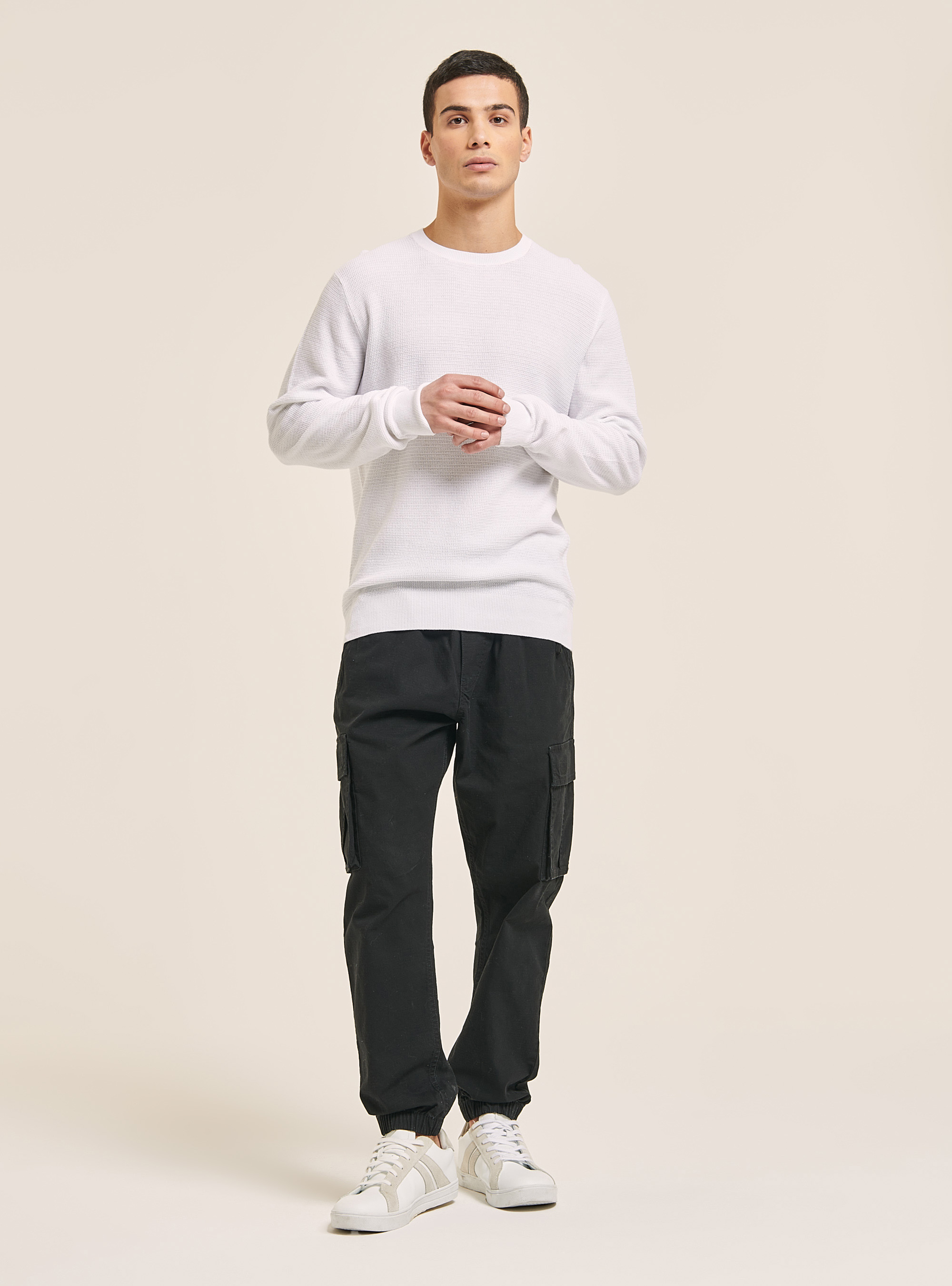 Textured cotton crew neck pullover, WH1 OFF WHITE