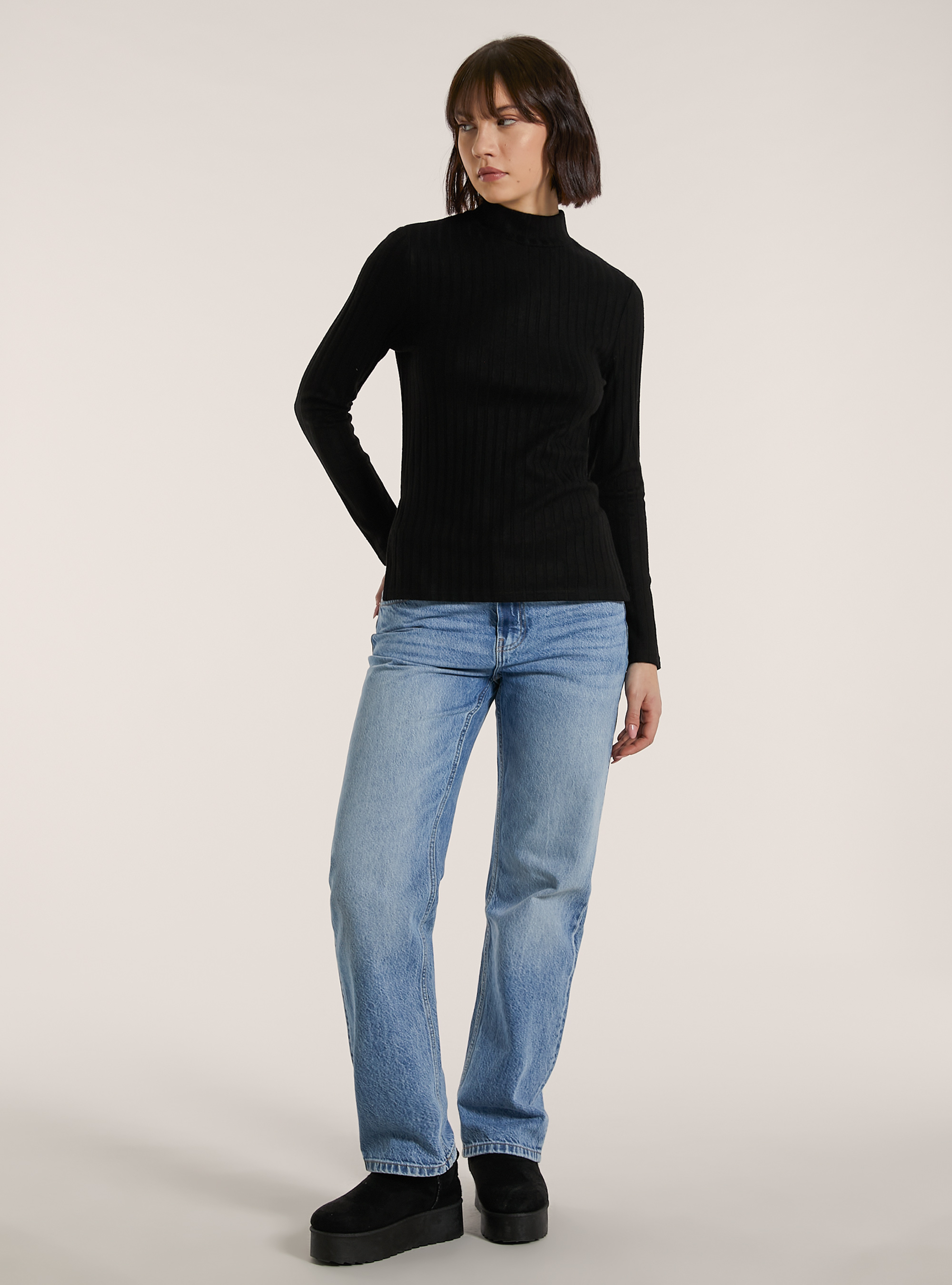 Maglia collo alto a coste, BK1 BLACK