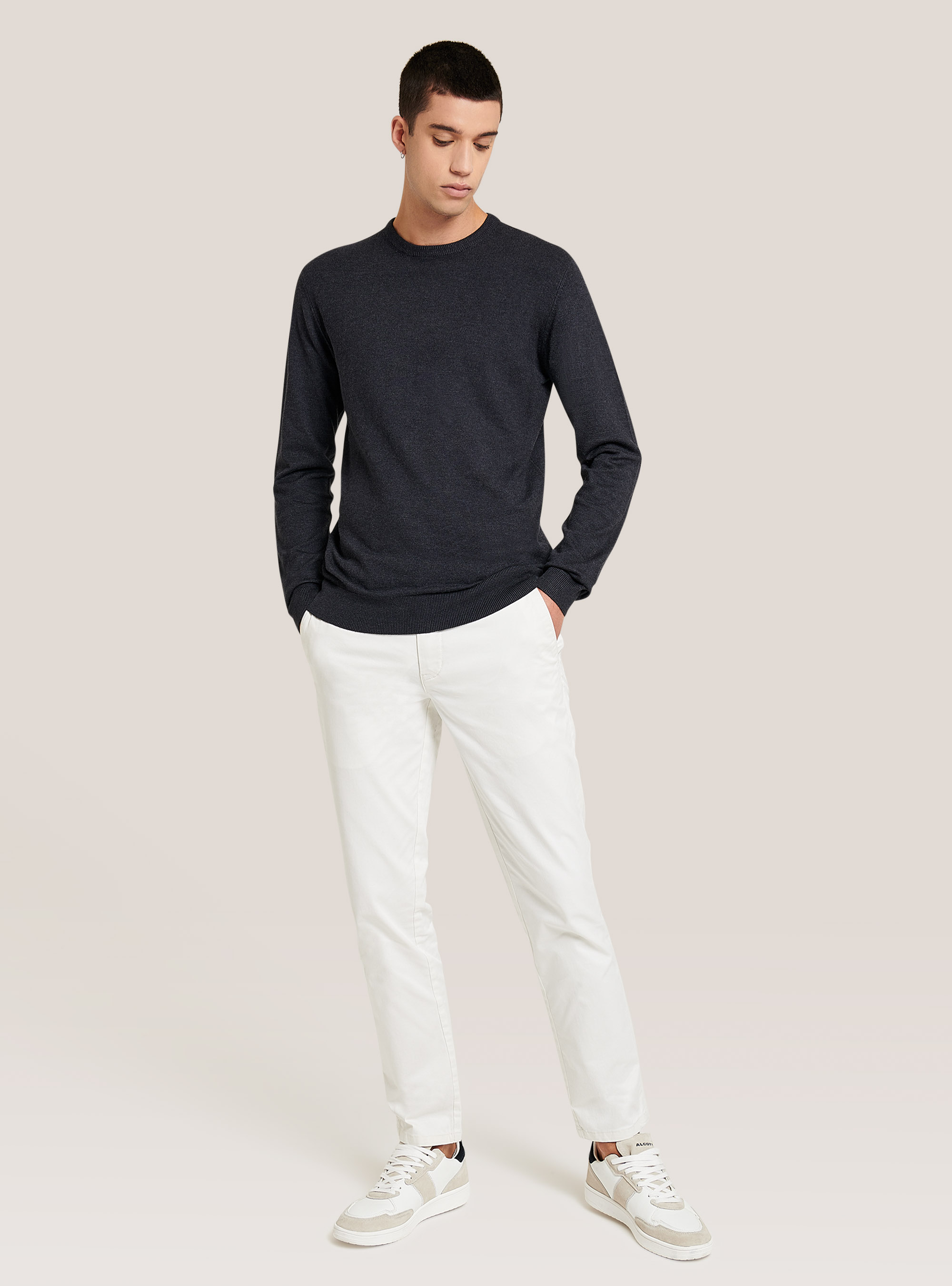 Solid colour crew neck pullover, BLUE MELANGE