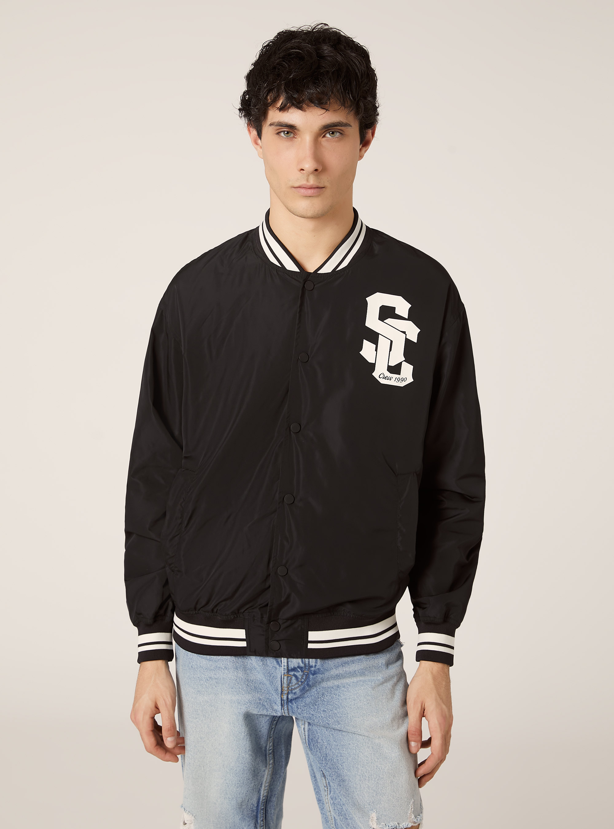 Lightweight bomber jacket with print, BK1 BLACK
