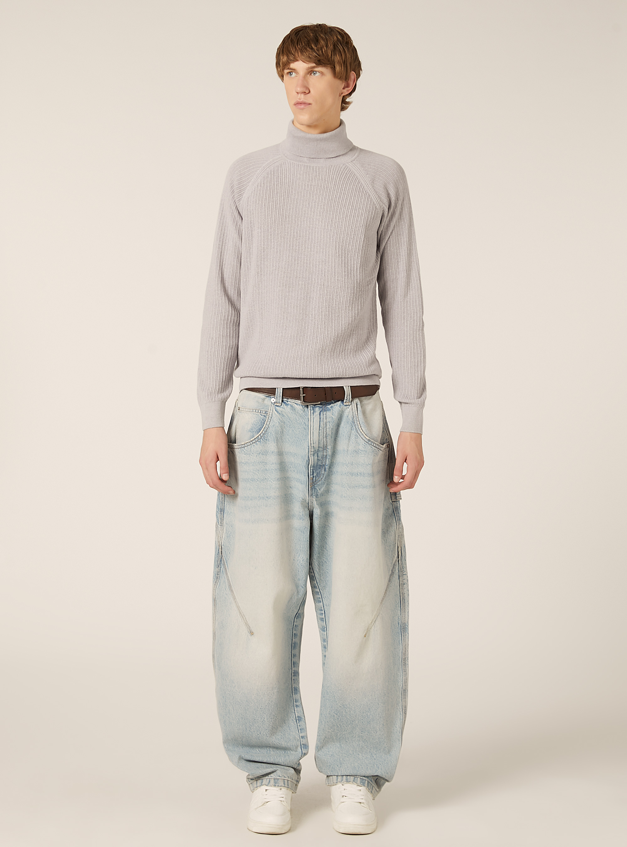 Maglia a collo alto in misto cotone a coste, MGY2 GREY MEL MEDIUM