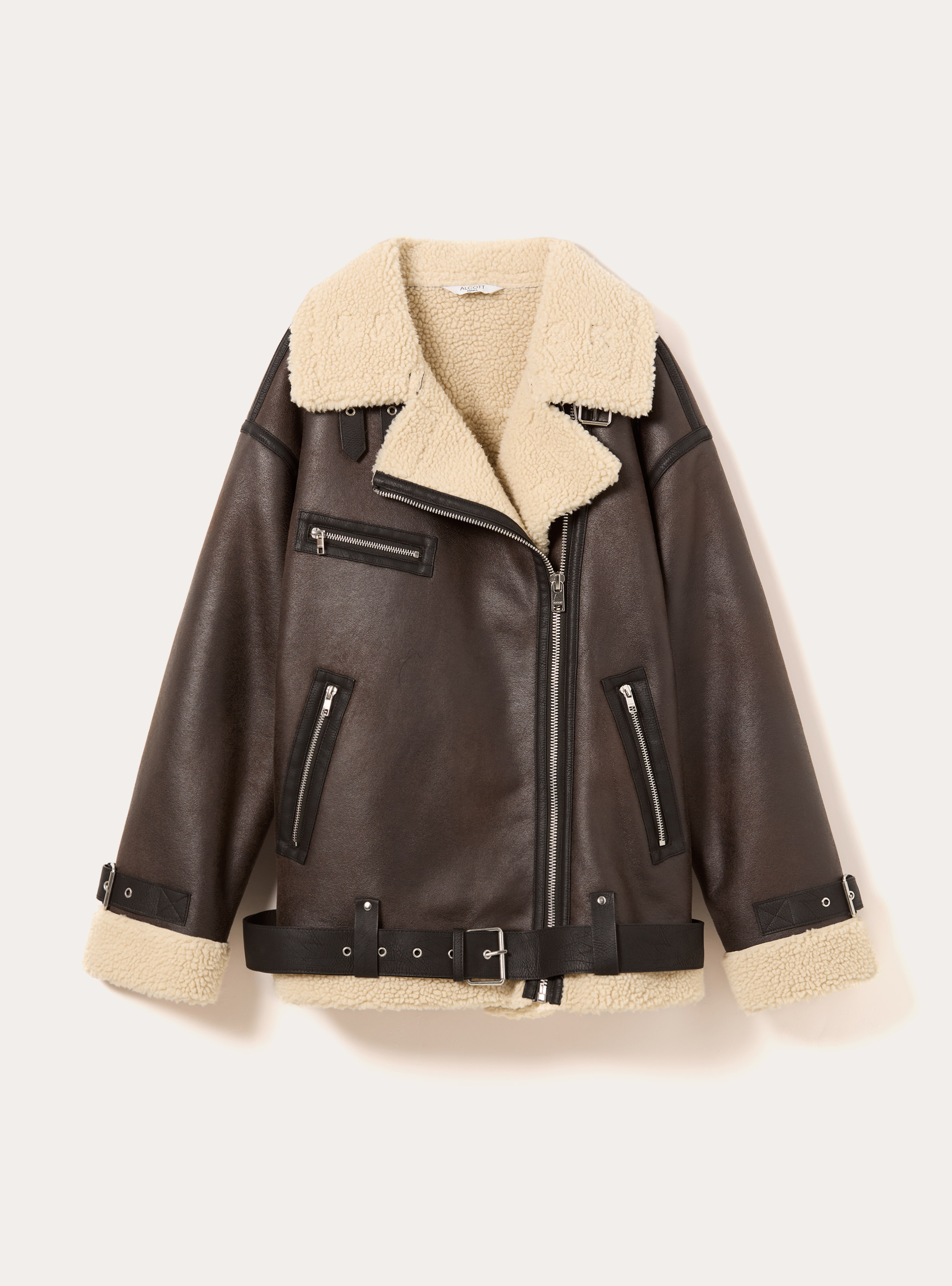 Giubbotto montone effetto pelle, BR1 BROWN DARK