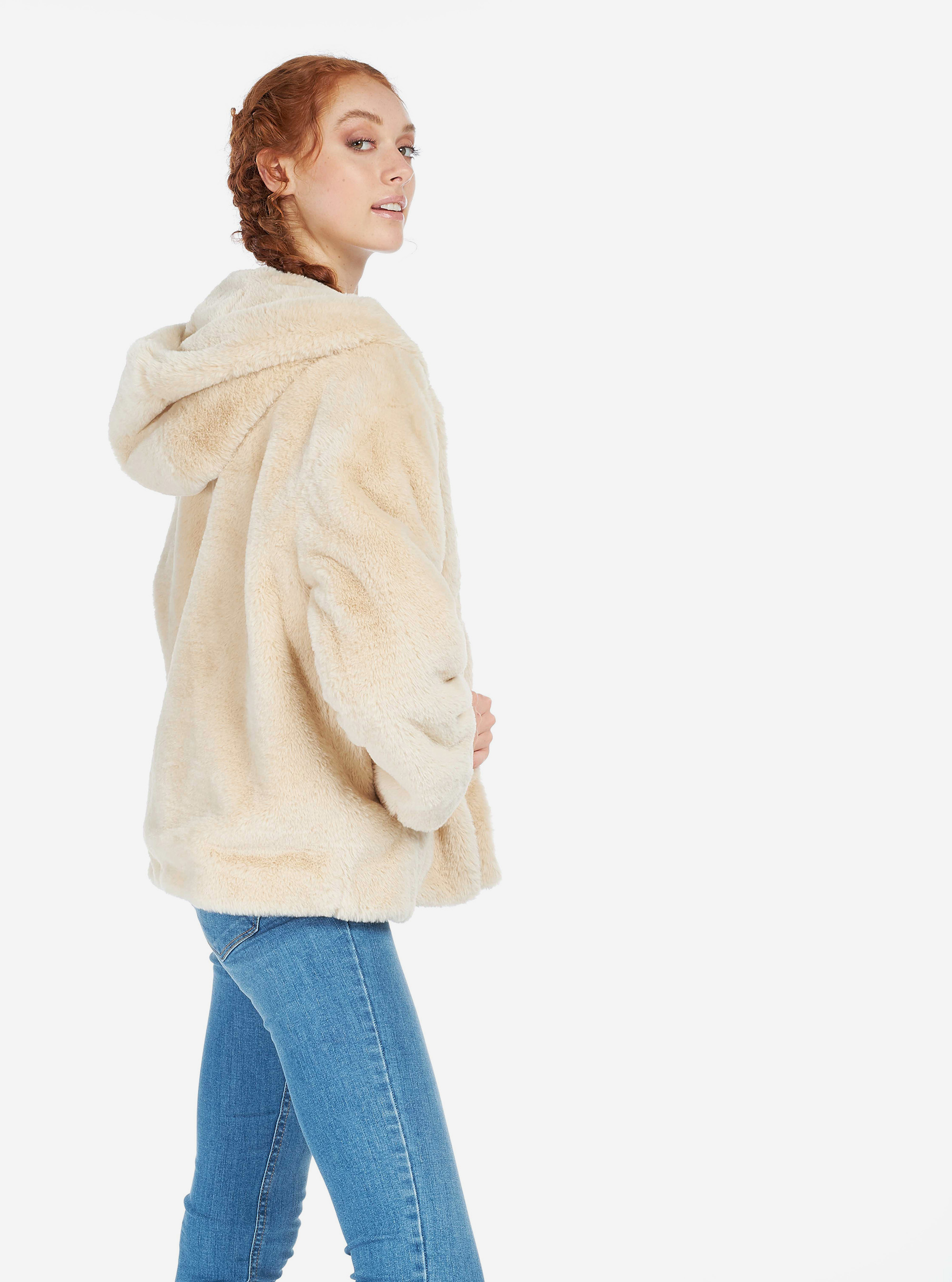 SHORT FAKE FUR COAT WITH HOOD, C5557 BEIGE