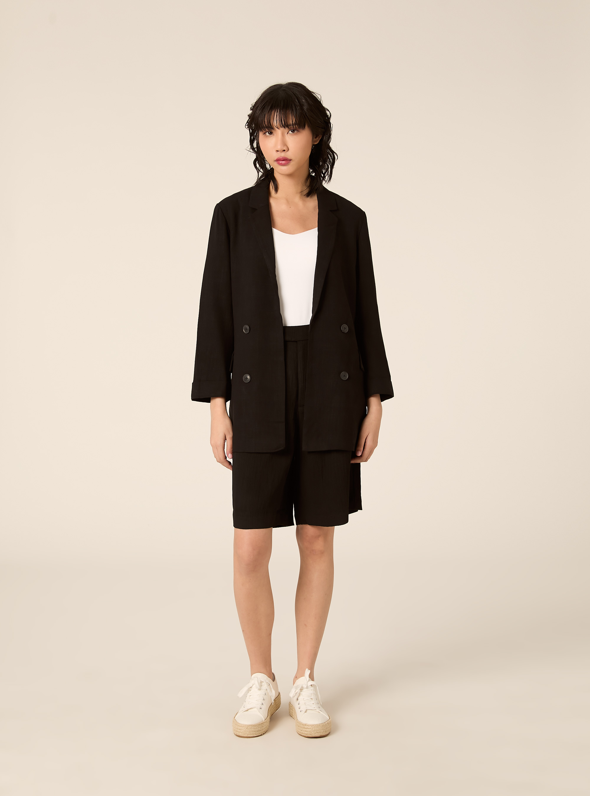 Blazer doppiopetto in misto lino, BK1 BLACK