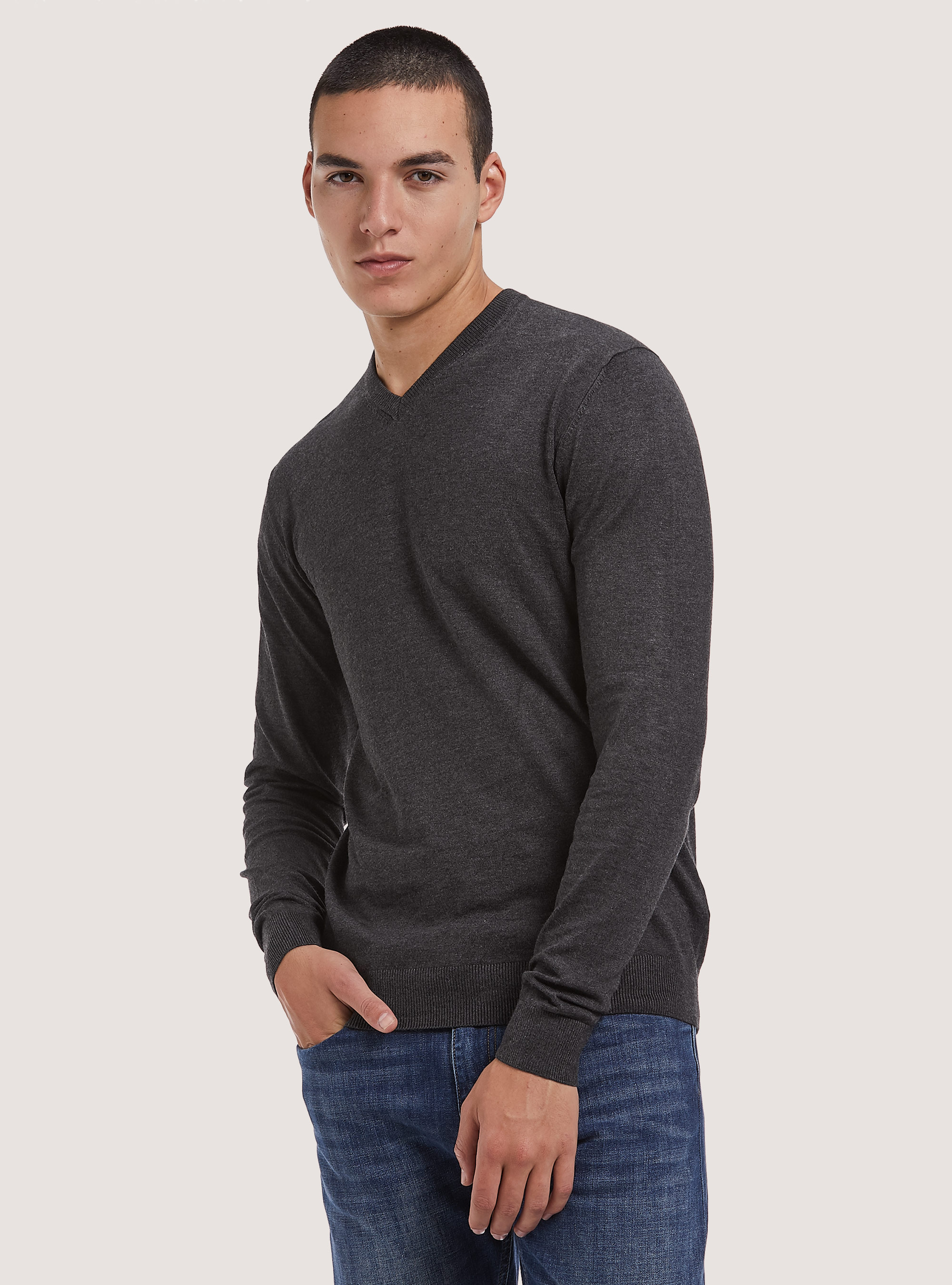 Pullover scollo a "v" tinta unita, GRIS MELANGE