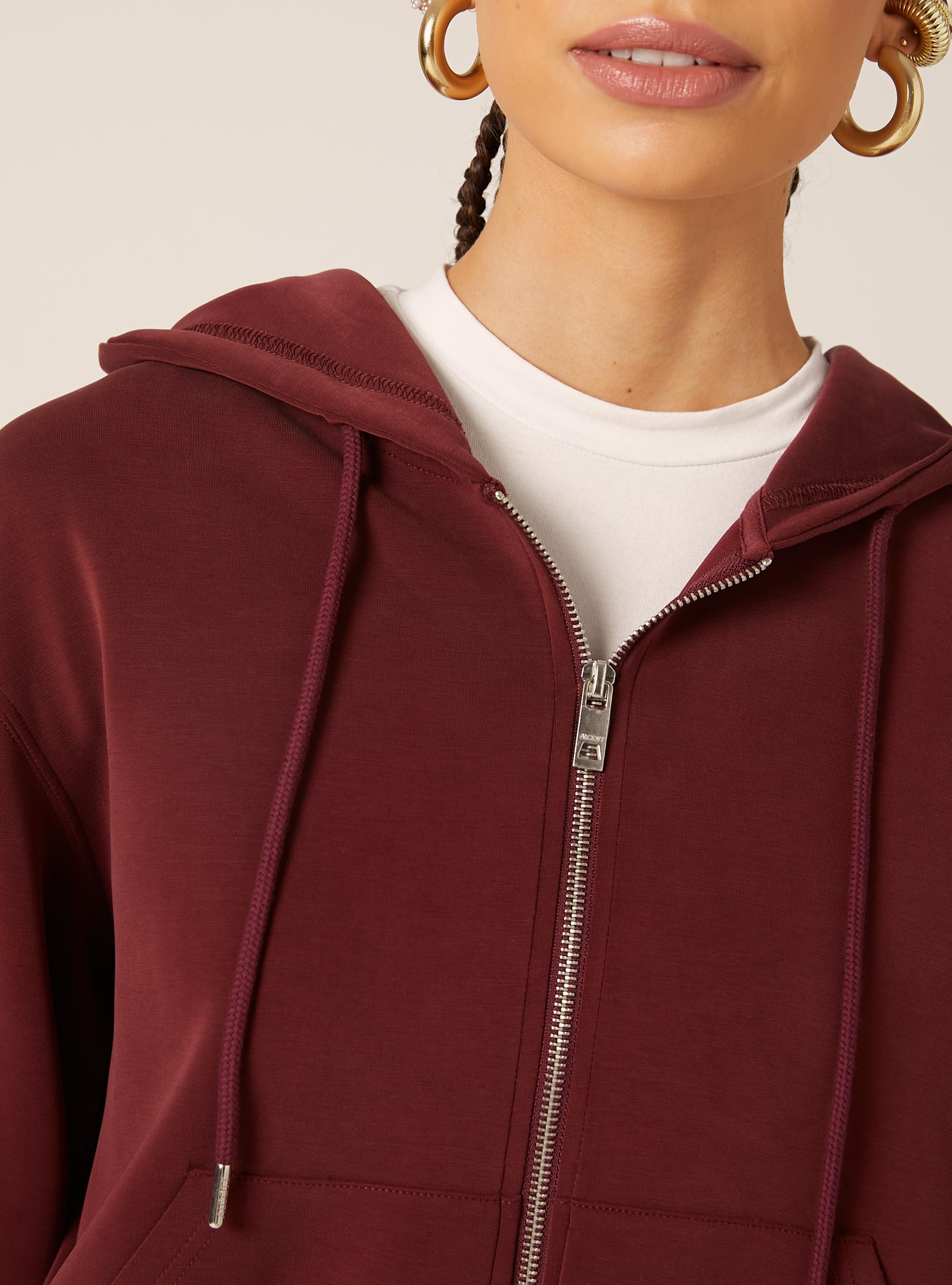 Sweat-shirt zippé court au toucher doux, BO1 BORDEAUX DARK