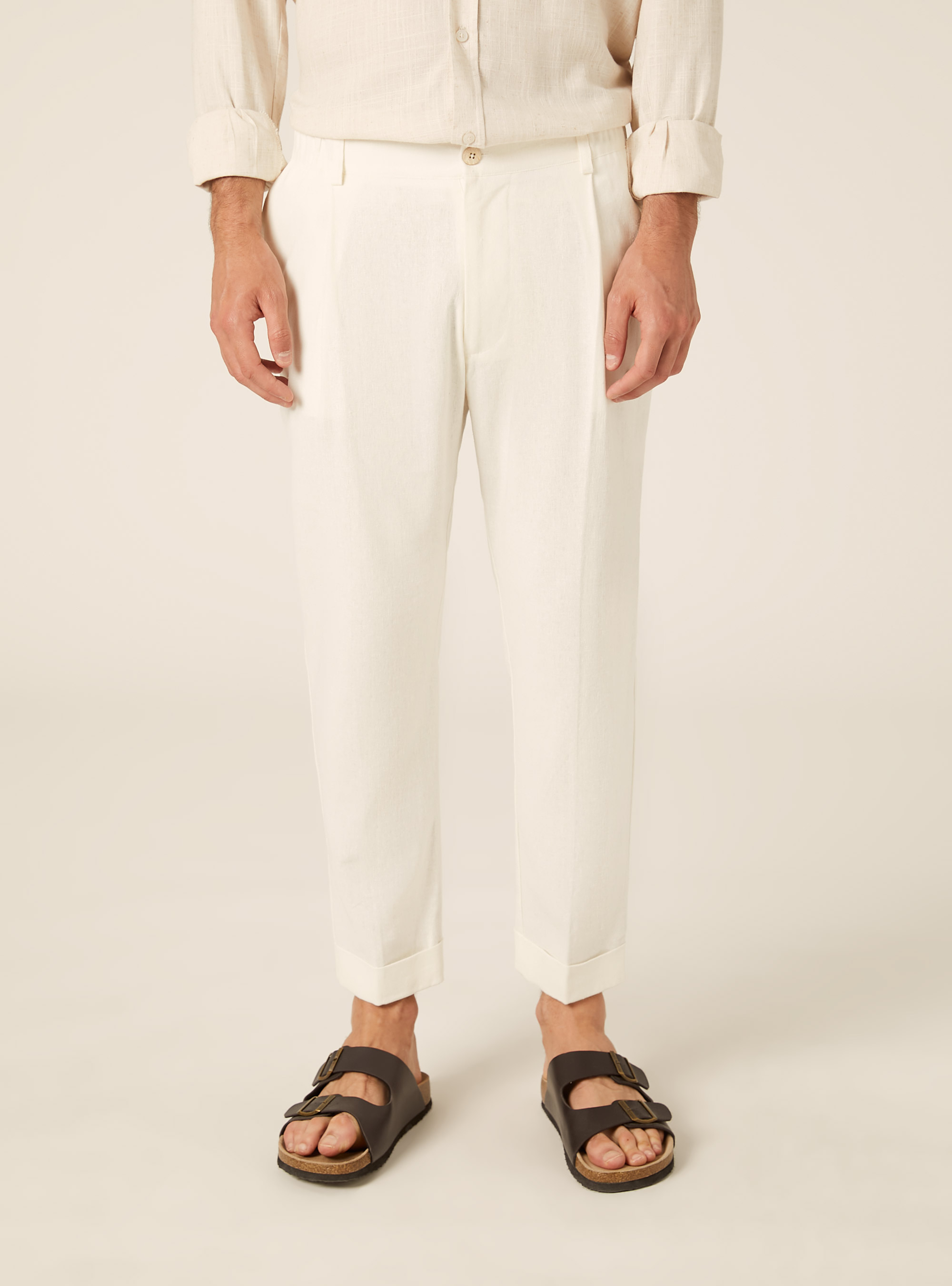 Pantaloni una pince misto lino, WH2 WHITE