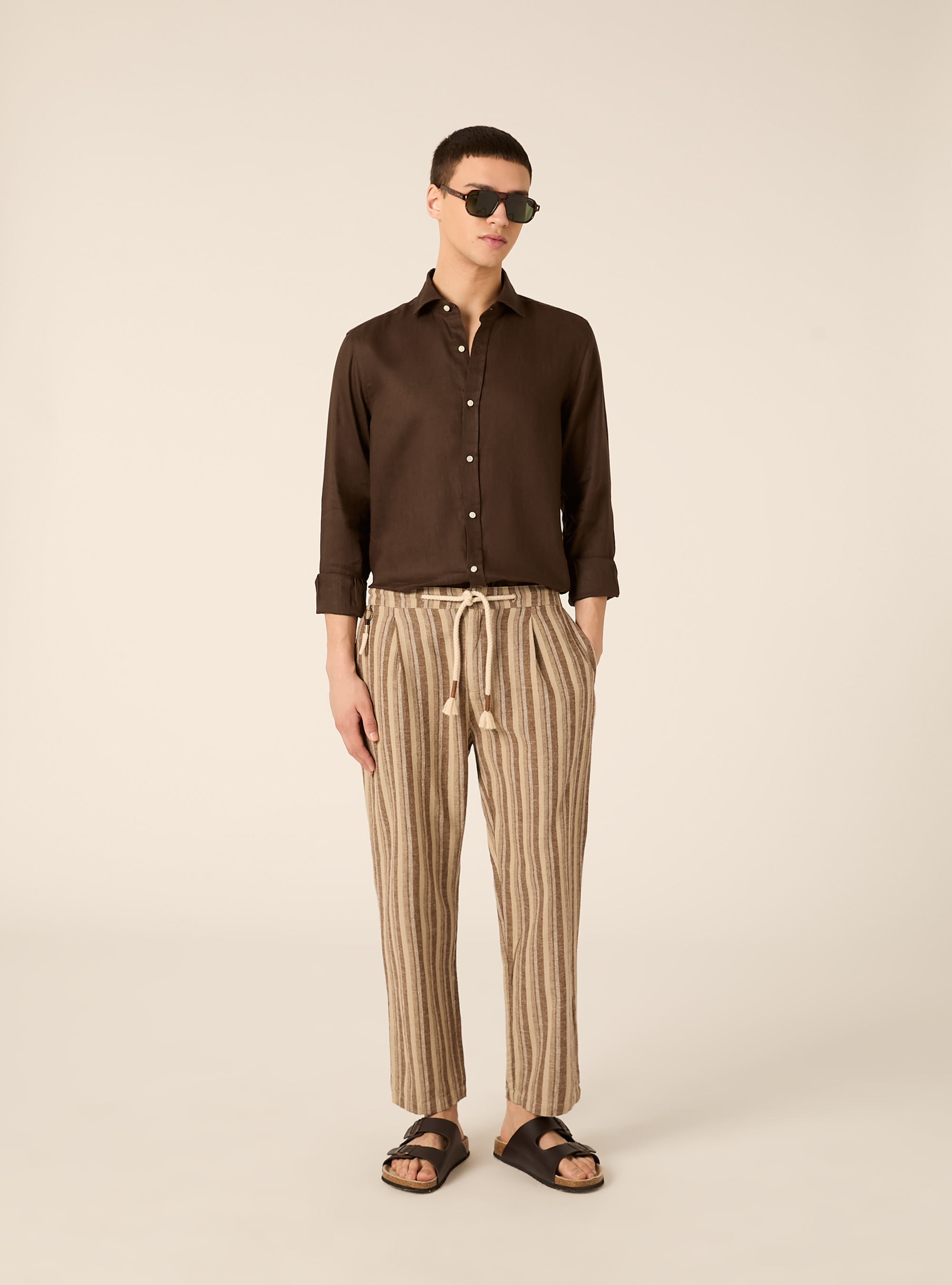 Pantaloni in misto lino a righe, BG2 BEIGE MEDIUM