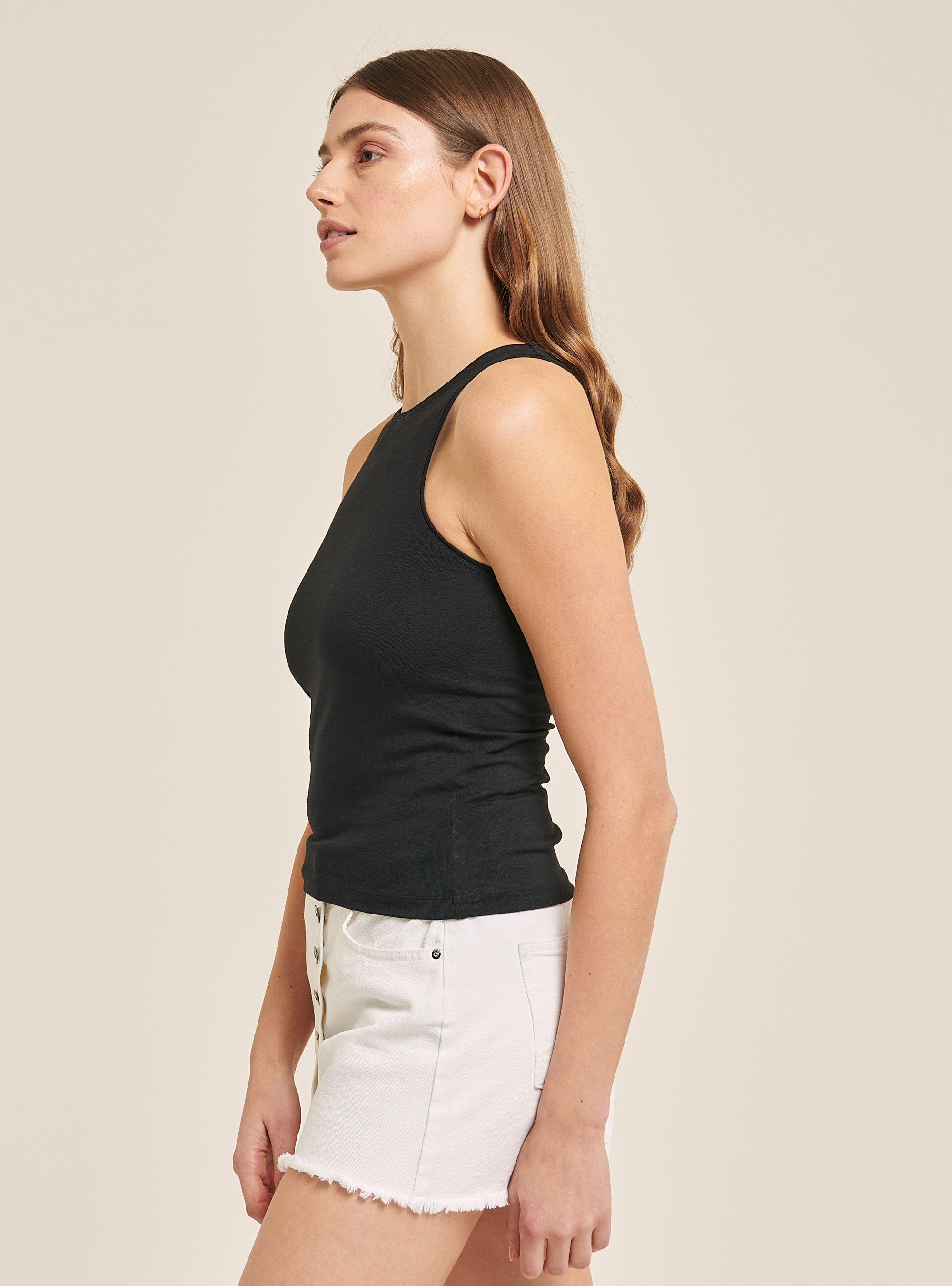 Basic stretch cotton tank top, BLACK