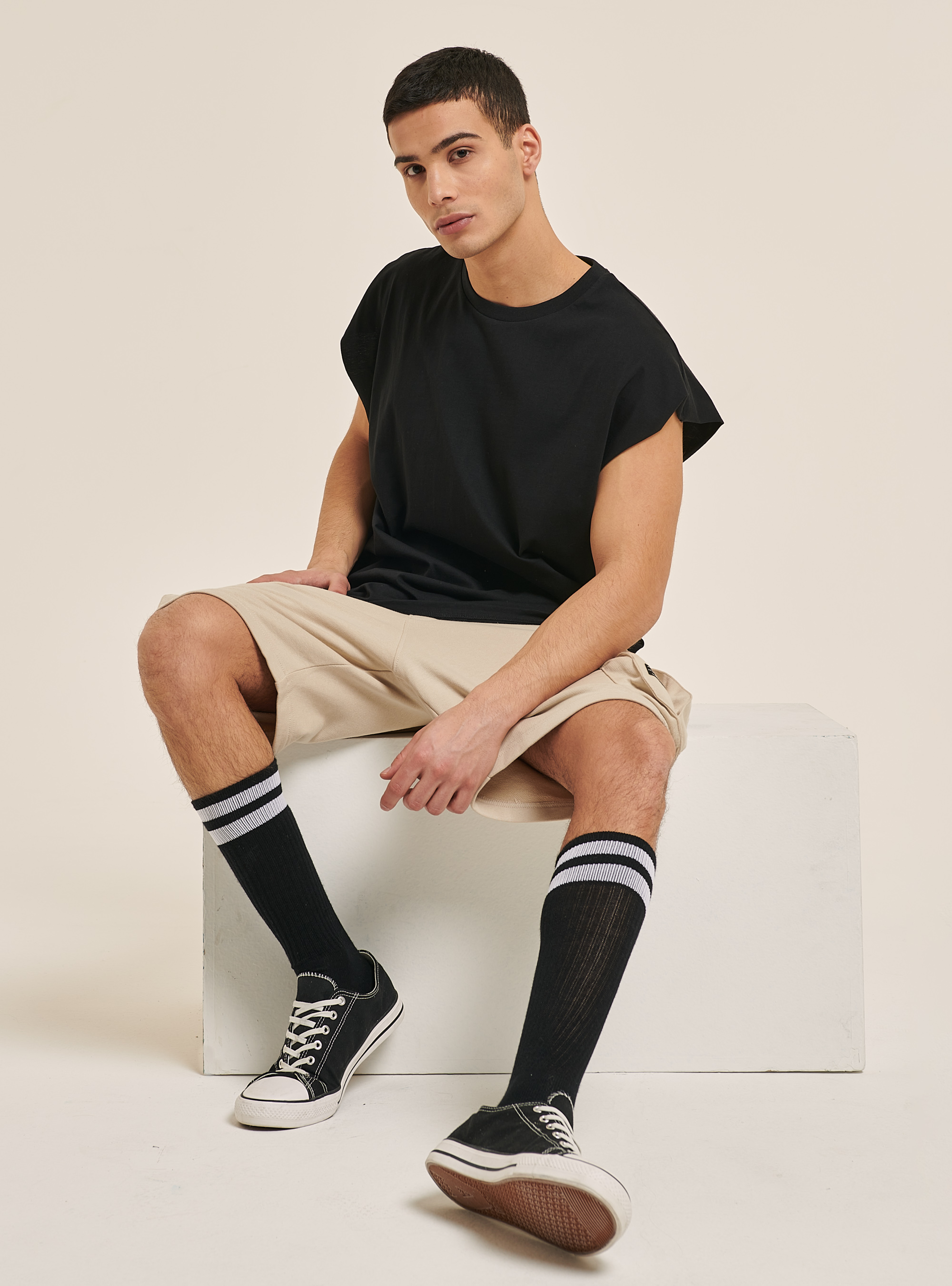 Basic oversize cotton tank top, BLACK