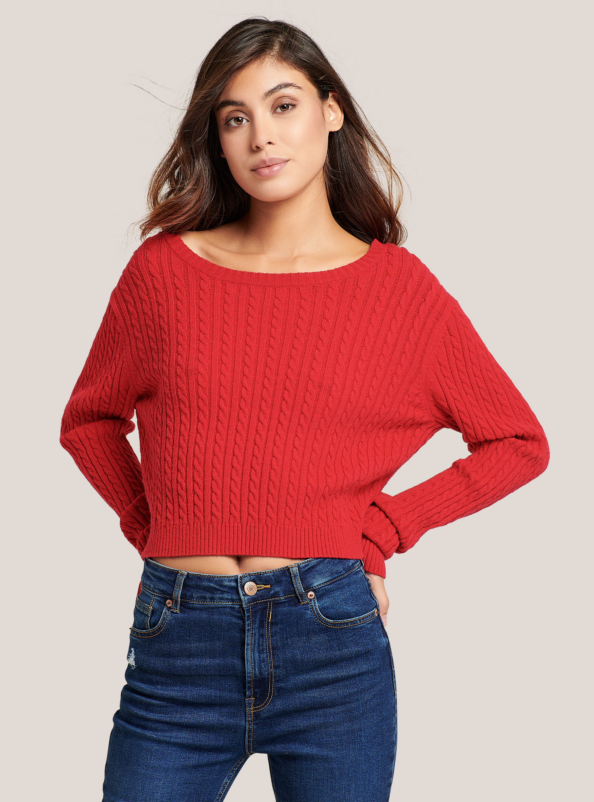 Suéter recortado con trenzas de tacto suave, ROJO