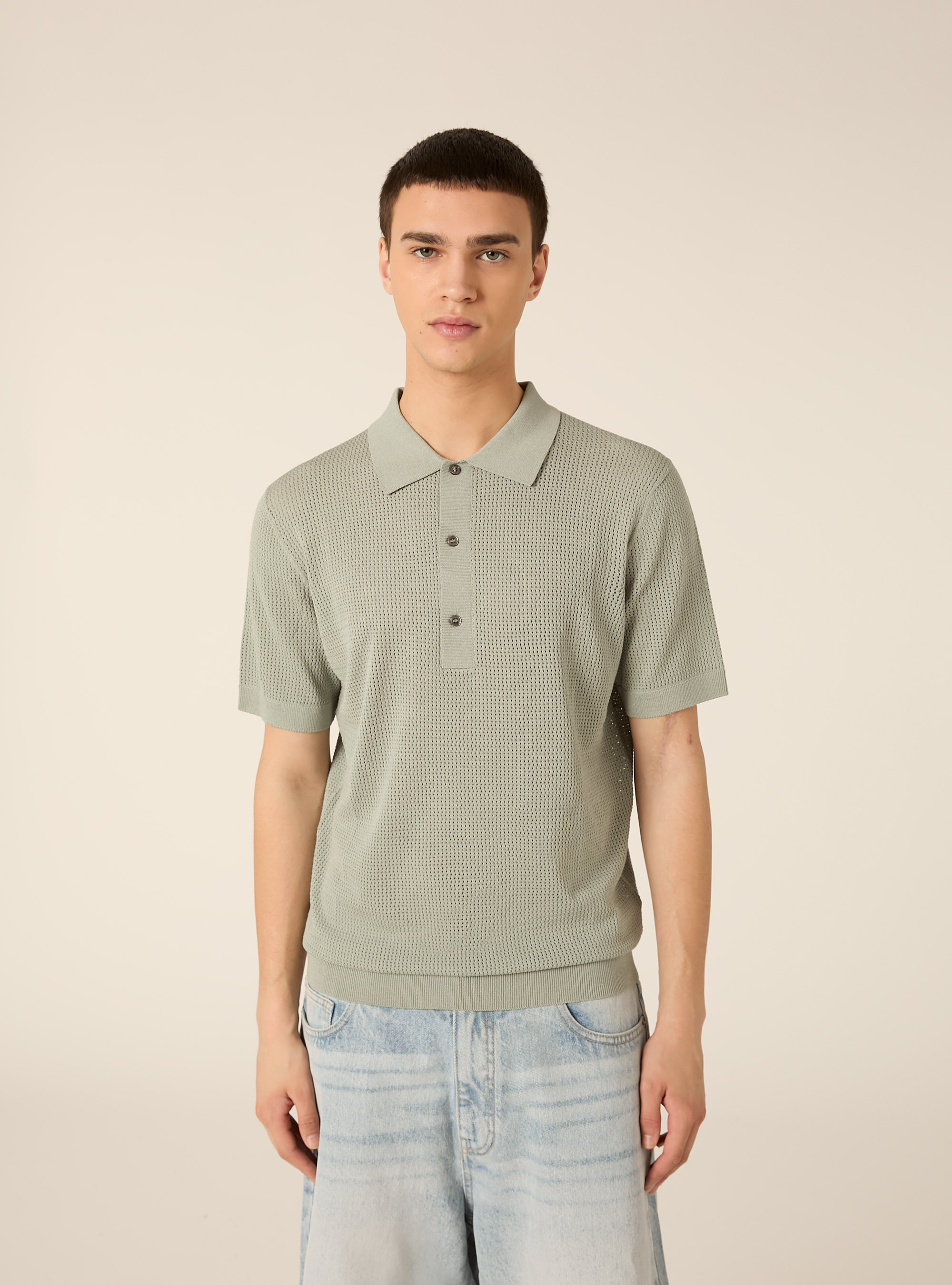 Maglia polo in crochet in misto viscosa, SG3 SAGE LIGHT