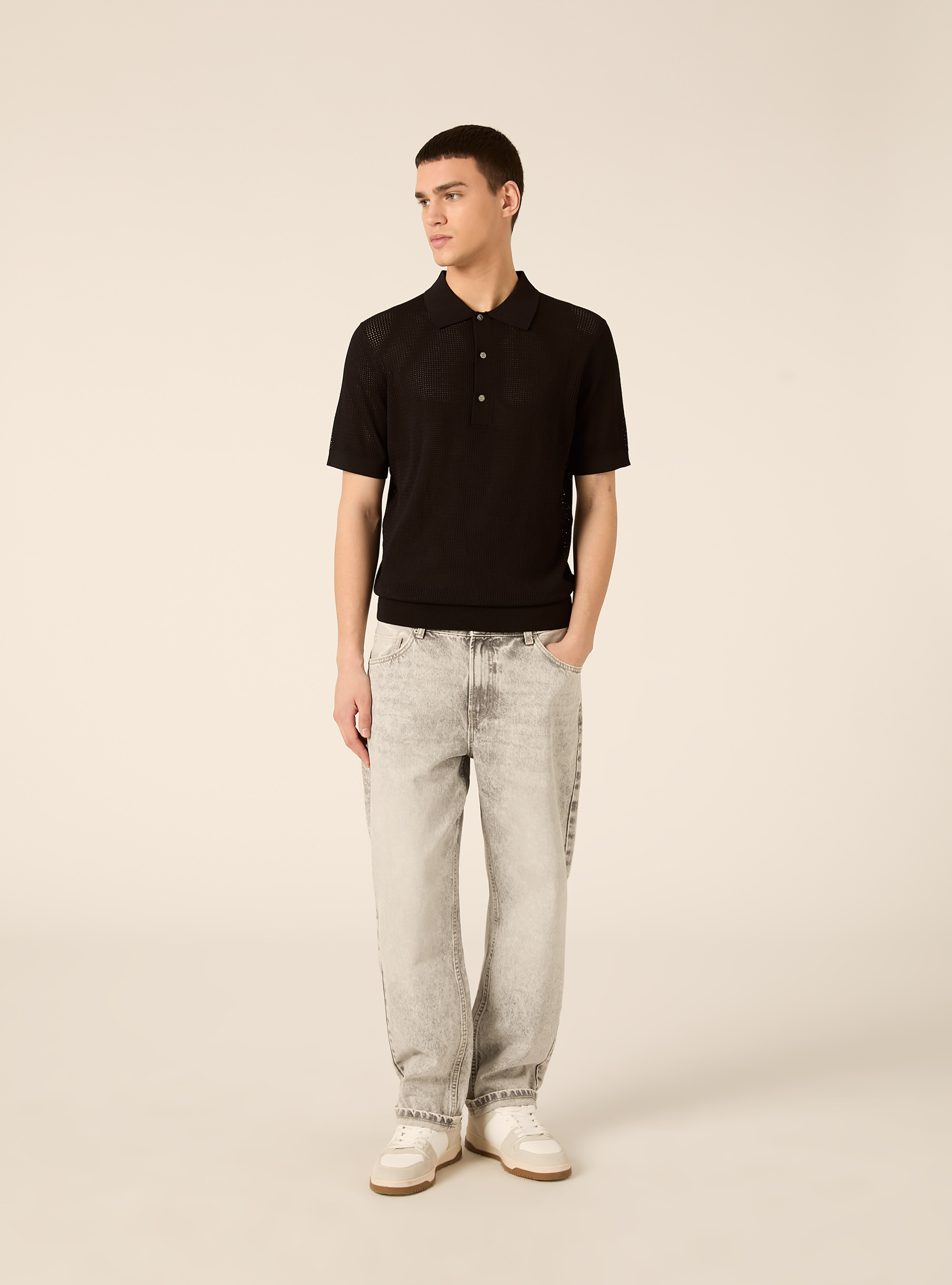 Maglia polo in crochet in misto viscosa, BK1 BLACK