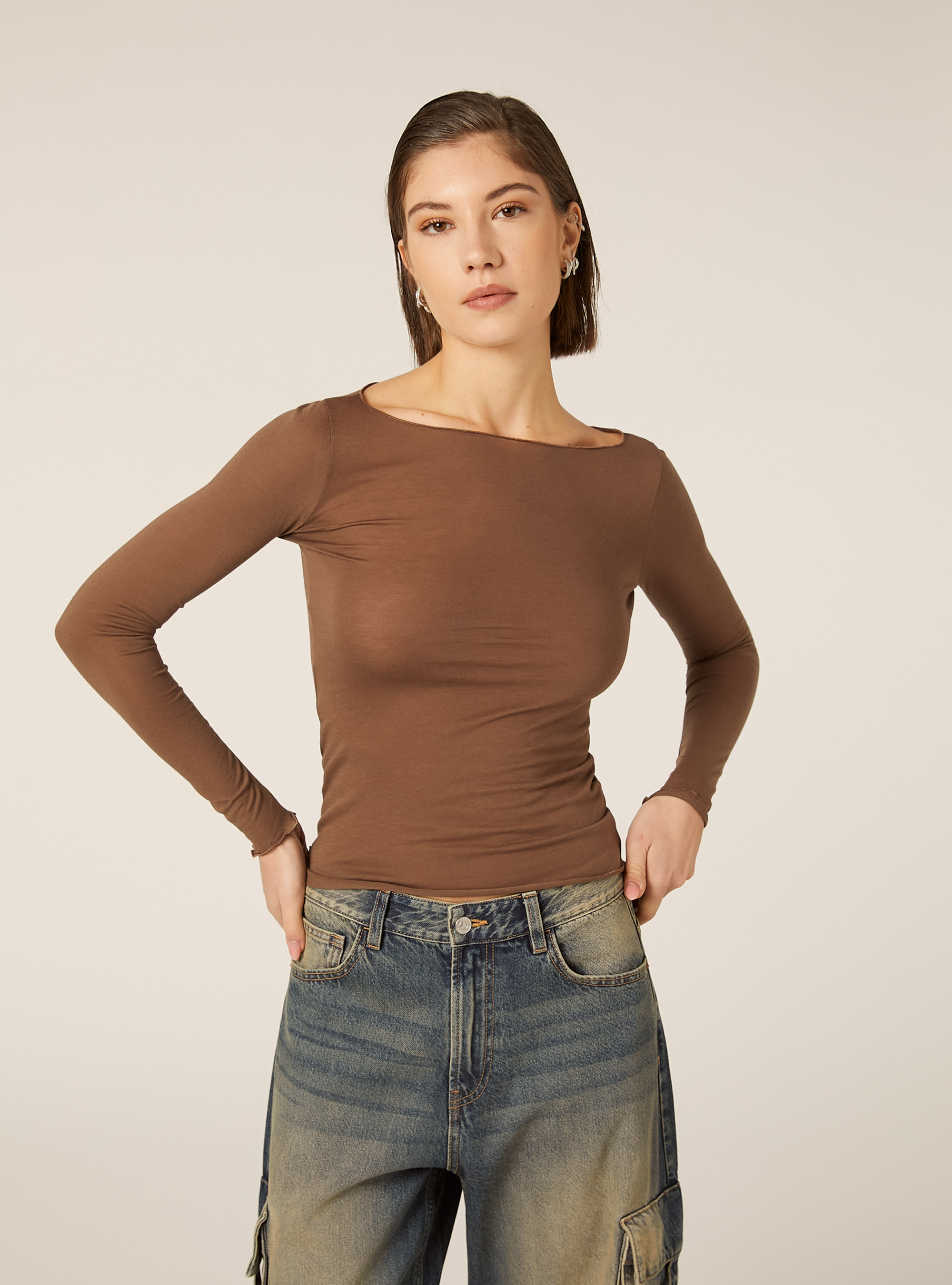 Camiseta de manga larga en mezcla de lana, BR2 BROWN MEDIUM