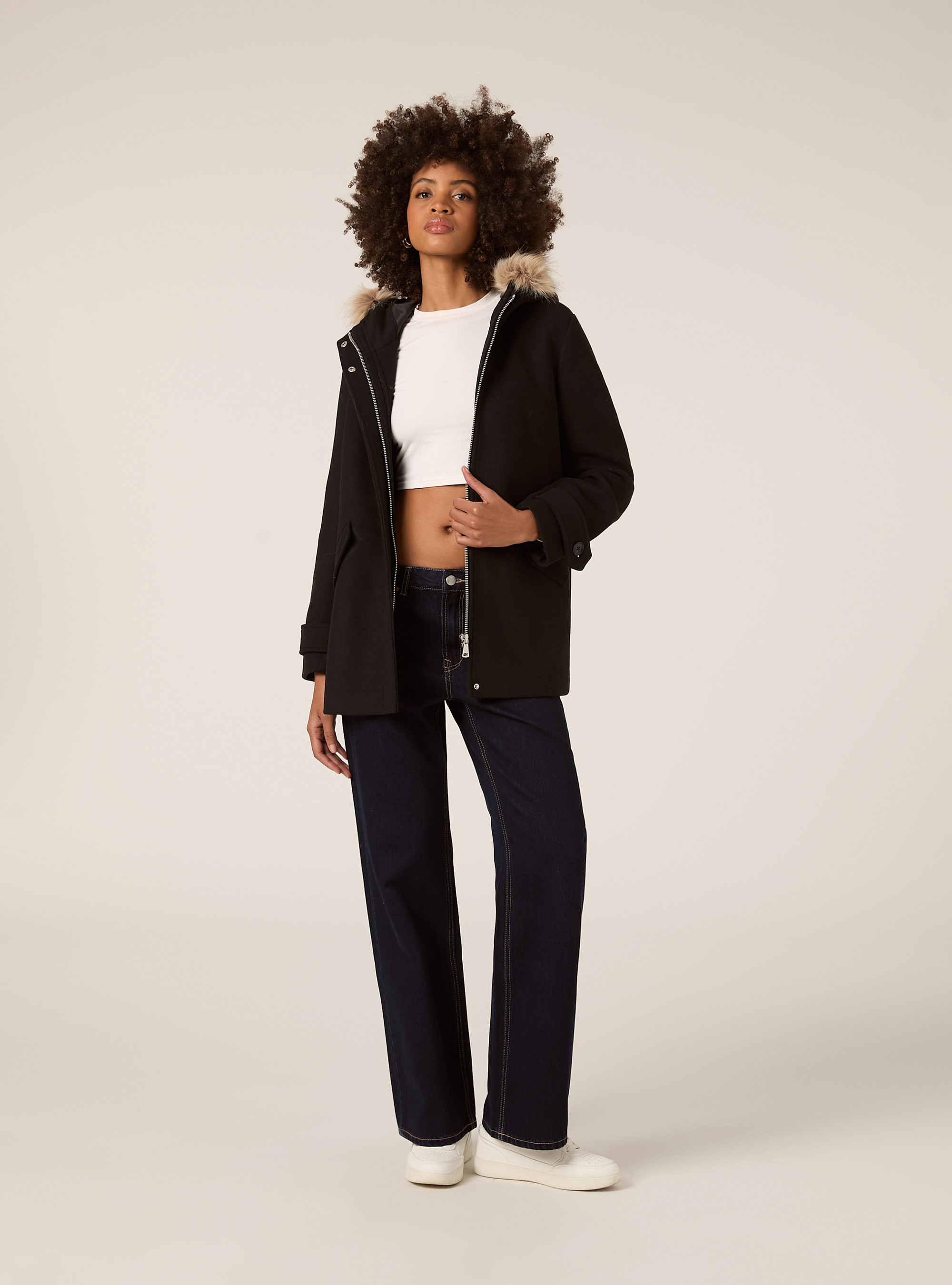 Manteau à capuche fourré, BK1 BLACK